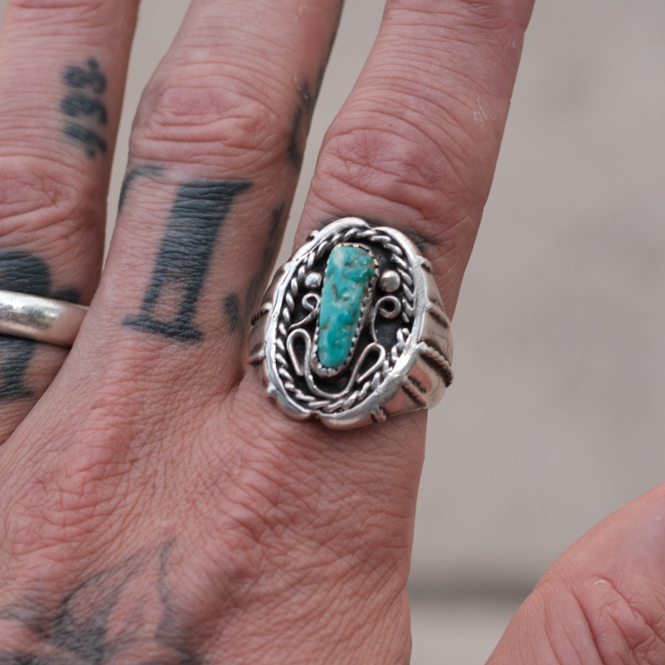 Vintage Sterling Turquoise Braided Band Ring 12.5
