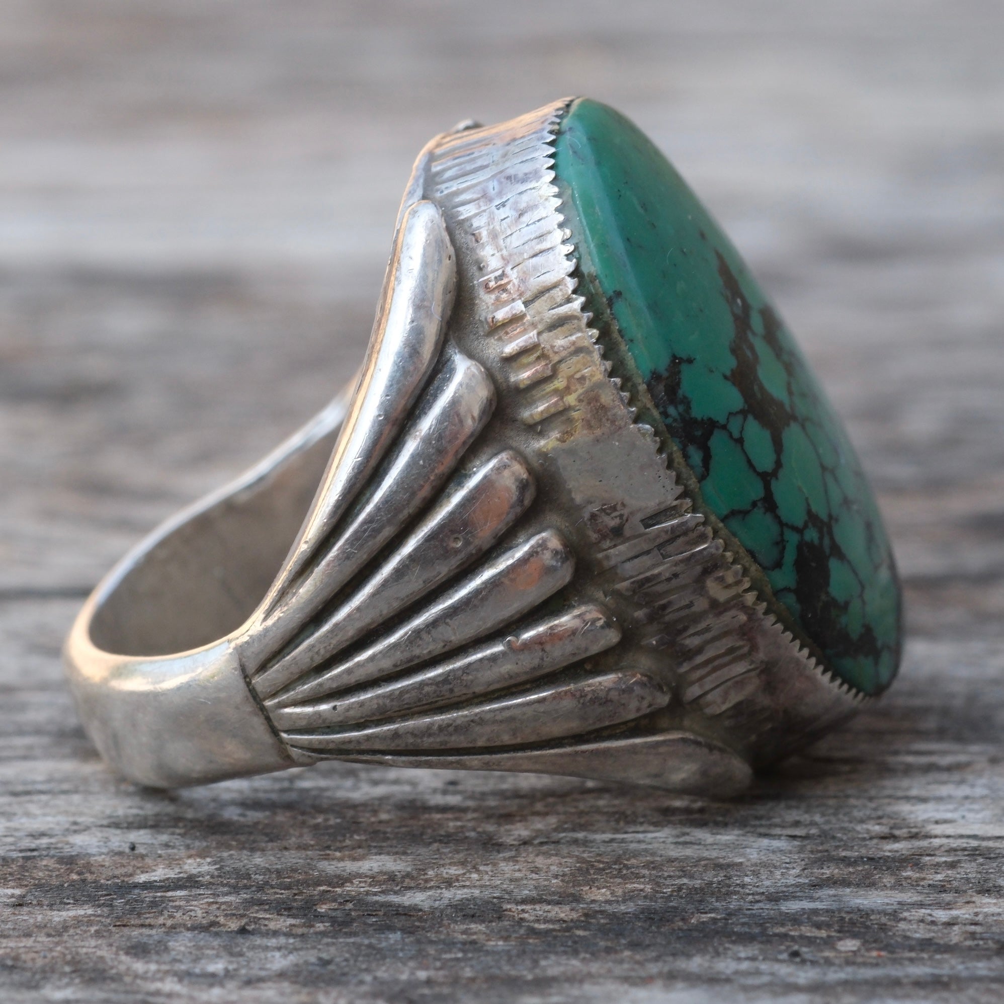 Vintage Sterling Turquoise Ribbed Band Ring 10