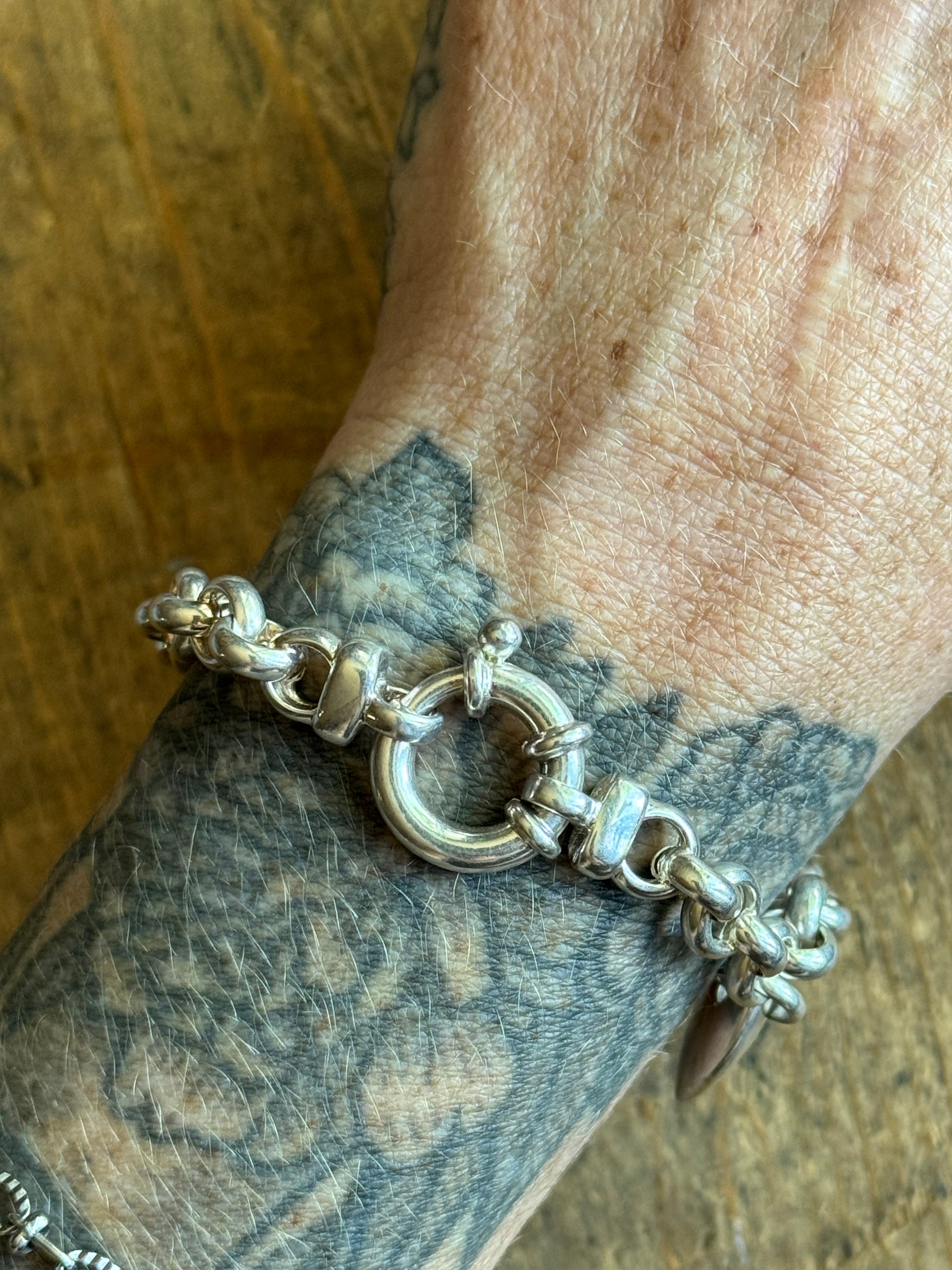 Vintage Sterling Silver Chunky Rolo Heart Charm Bracelet 7.5"