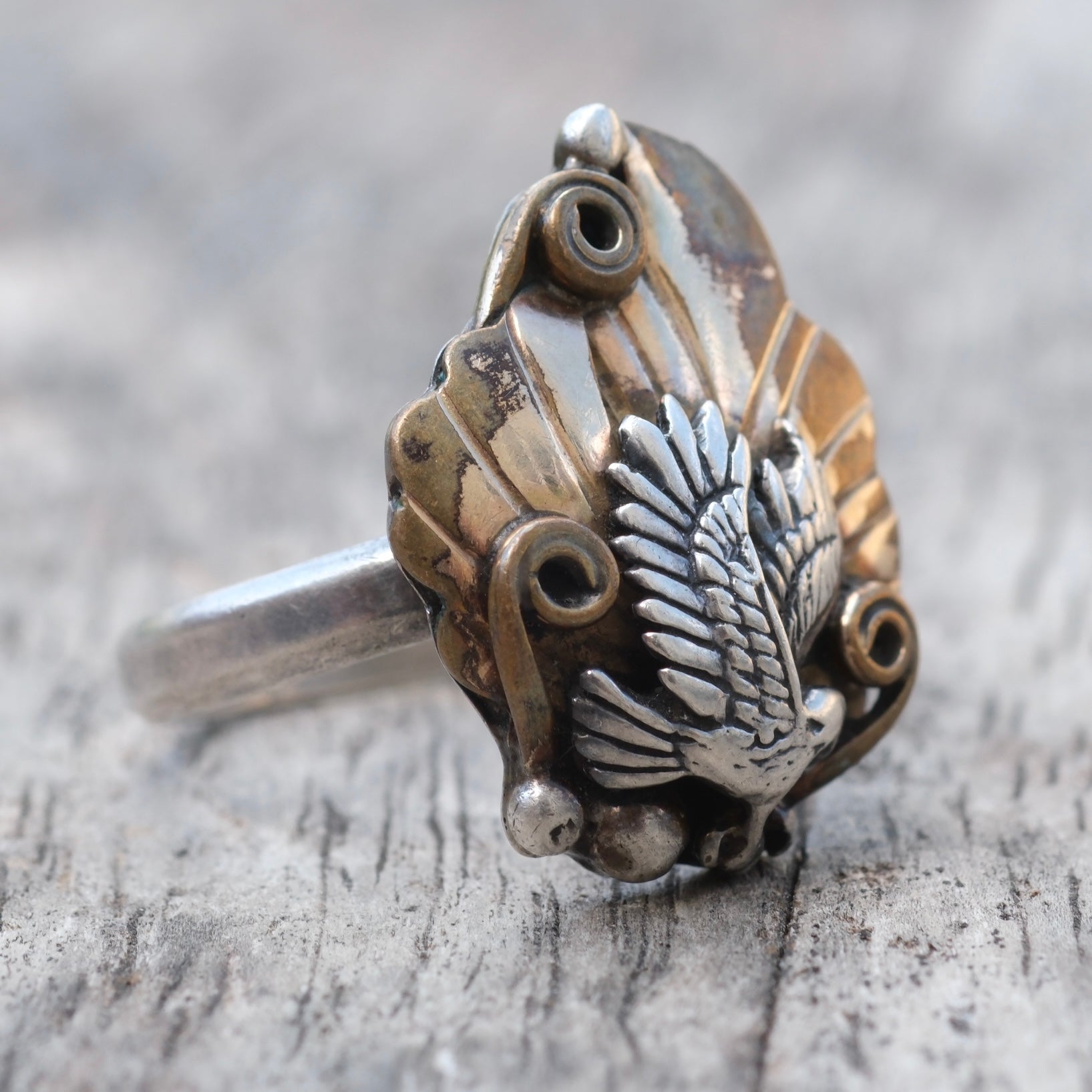 Vintage Sterling and Copper Eagle Ring 9.25