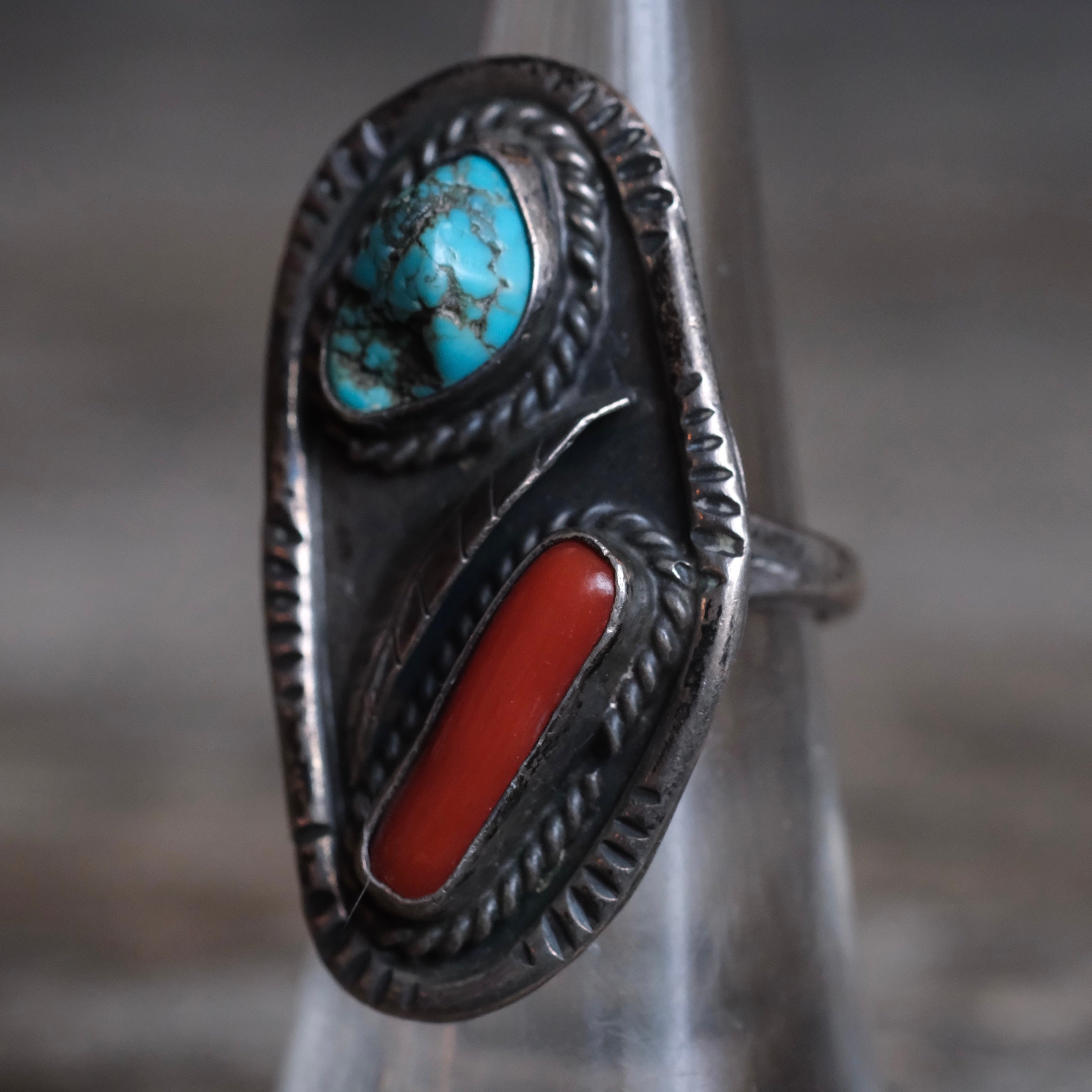 Vintage Sterling Turquoise and Coral Feather Ring 5.75