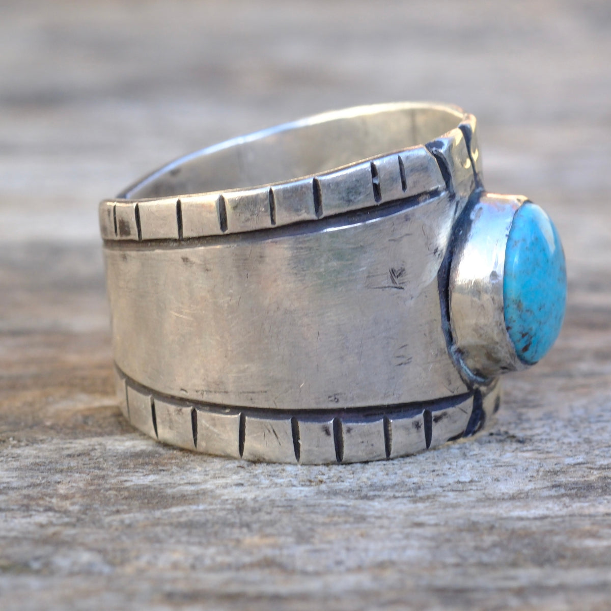 Sterling Silver Bisbee Turquoise Stamped Ring 11