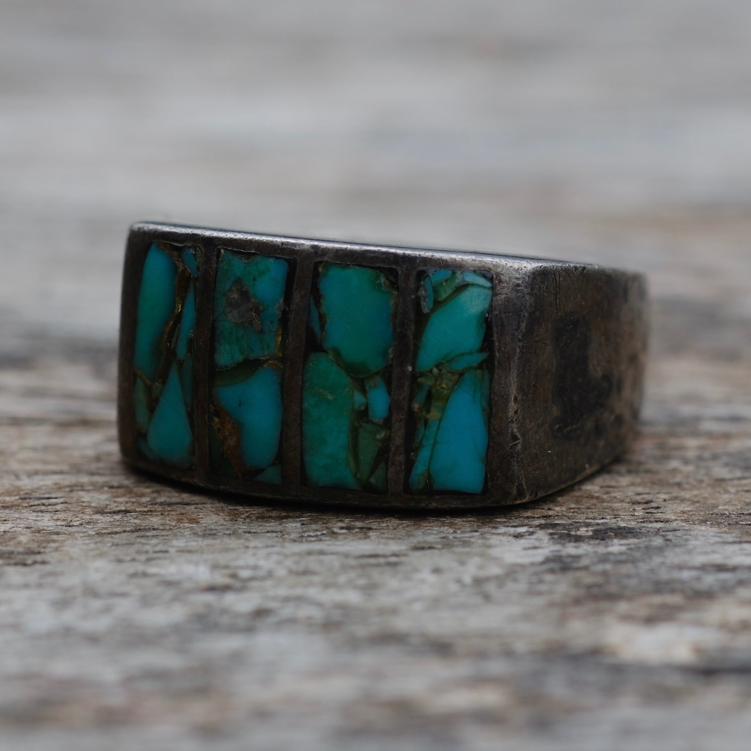 Vintage Sterling Turquoise Inlay Ring 8.25