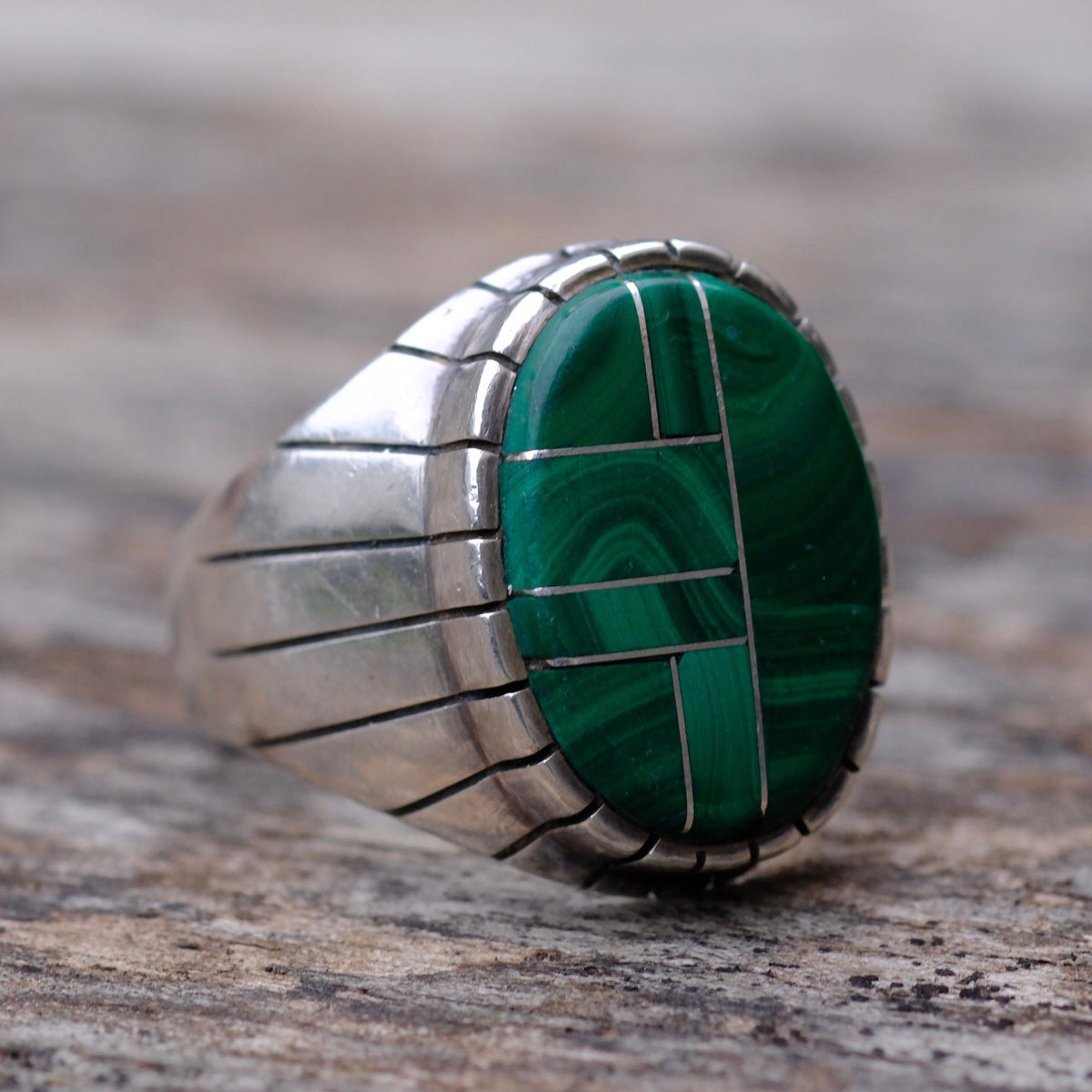 Vintage Sterling Malachite Inlay Ring 8.75