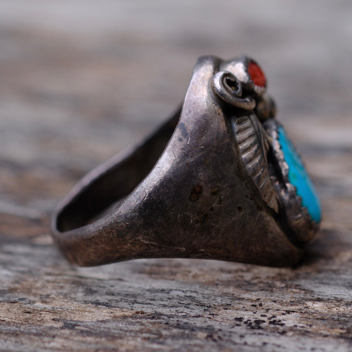 Vintage Sterling Turquoise and Coral Feather Ring 10.5