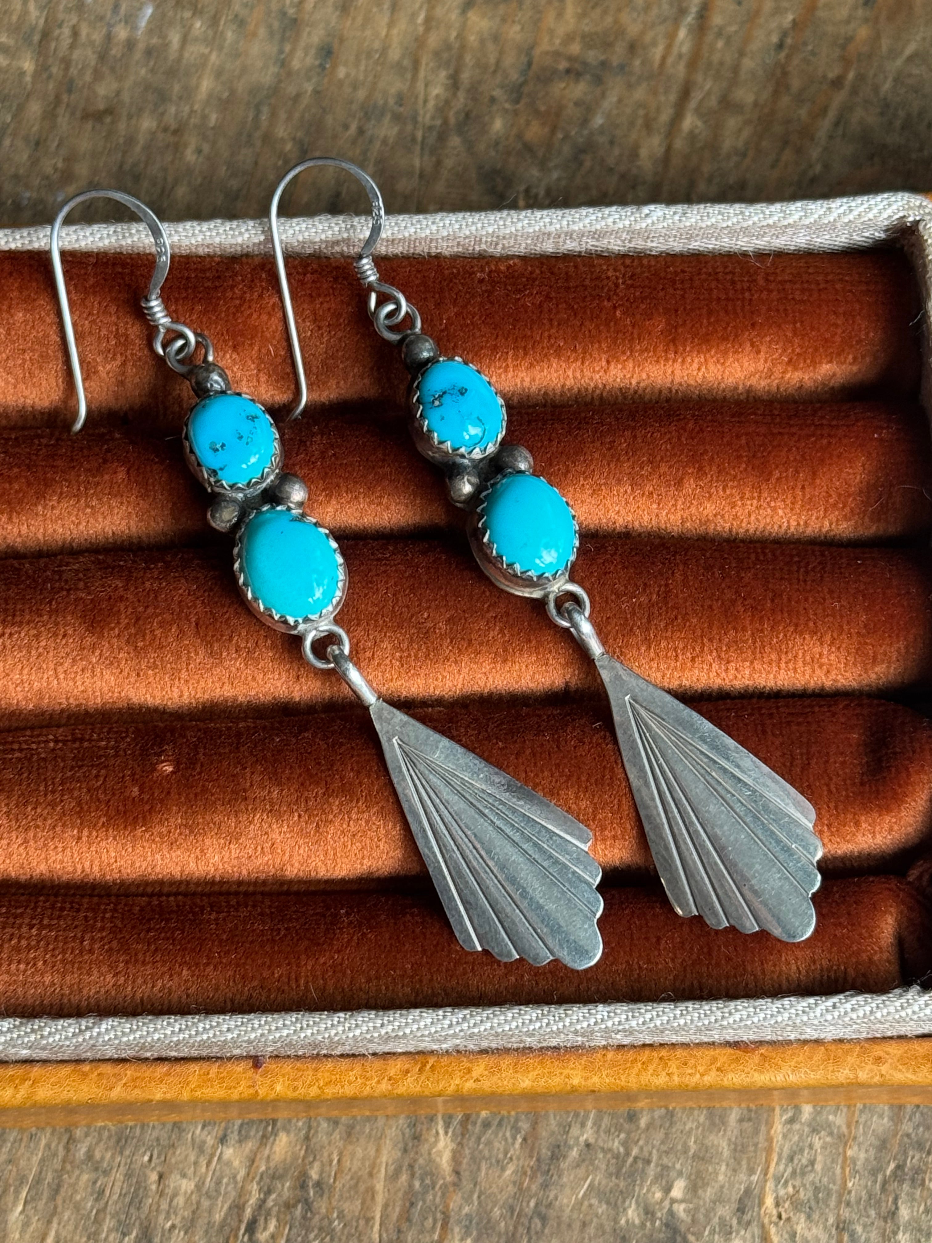Vintage Sterling Silver Turquoise Fan Earrings