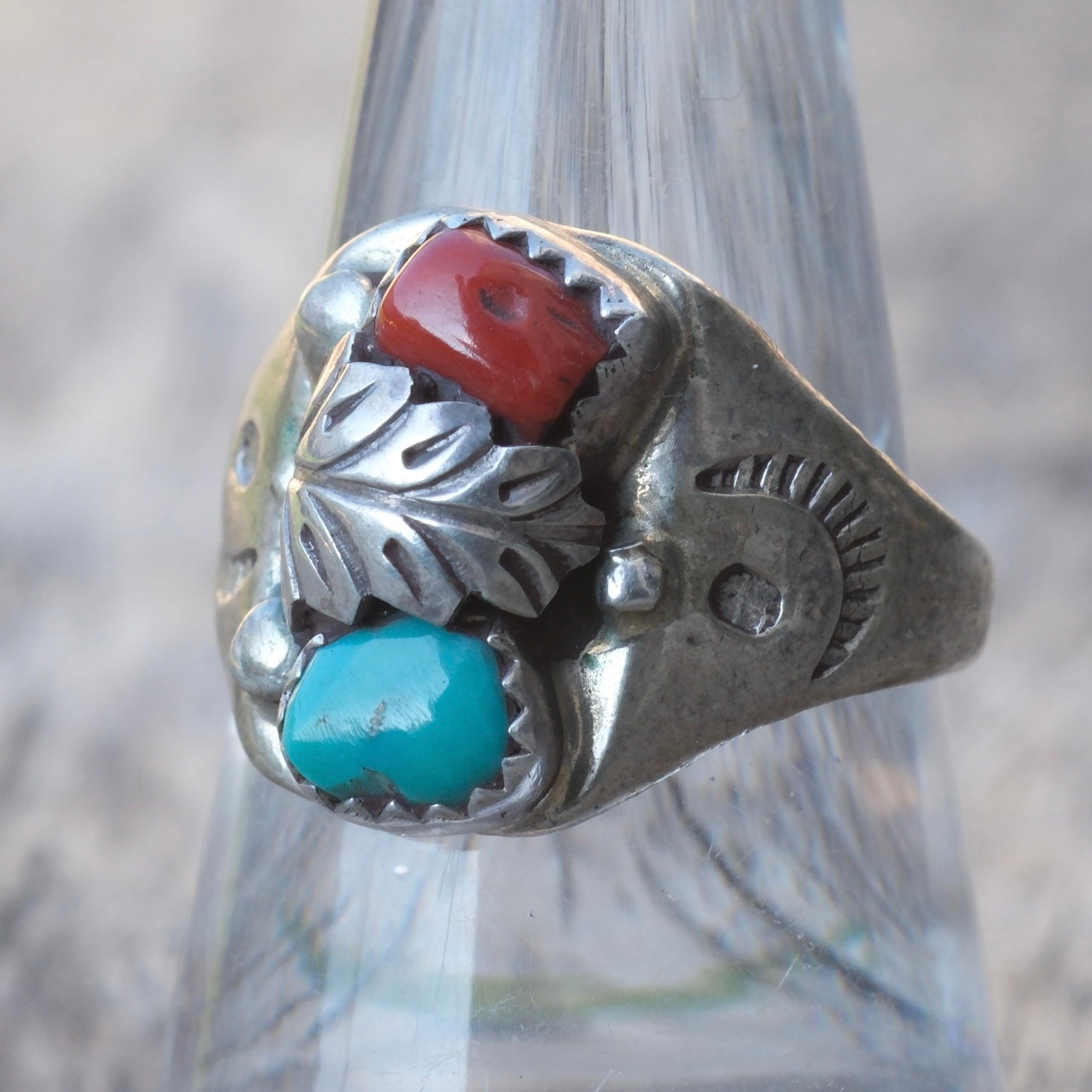 Vintage Sterling Turquoise and Coral Feather Ring 8.25