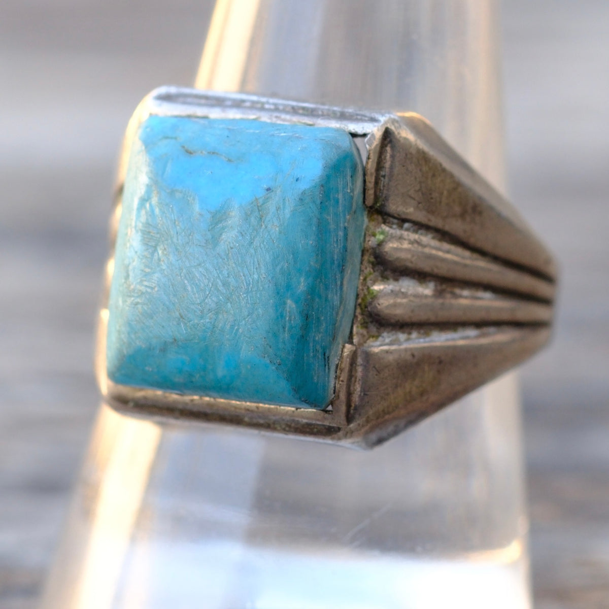 Vintage Sterling Turquoise Ribbed Band Ring 10