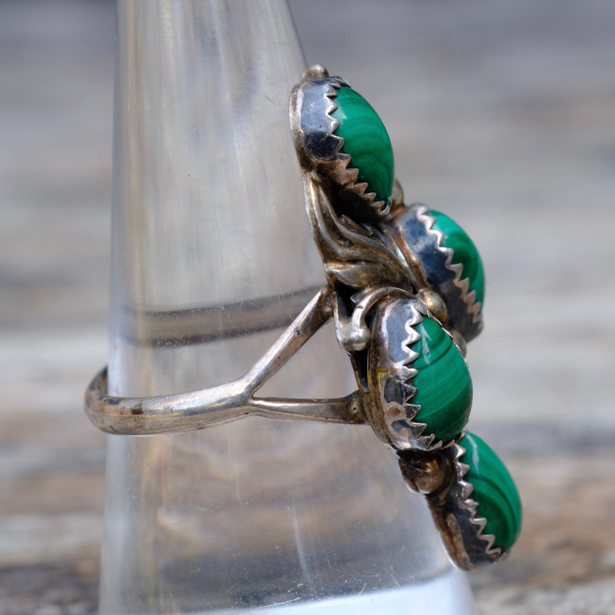 Vintage Sterling 4-Stone Malachite Feather Ring 8.75