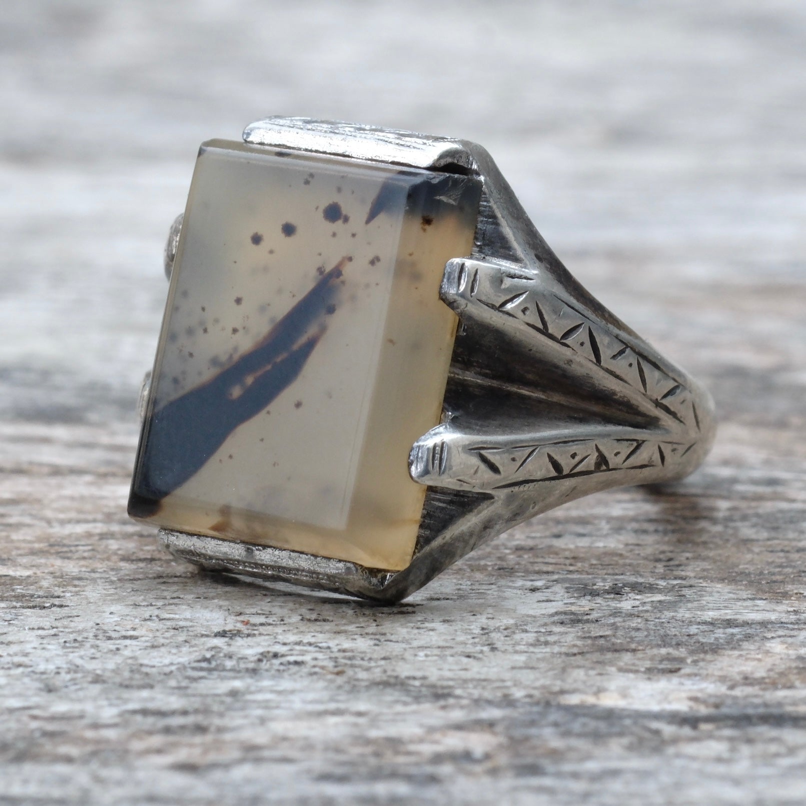 Vintage Sterling Silver Agate Signet Ring 8.5