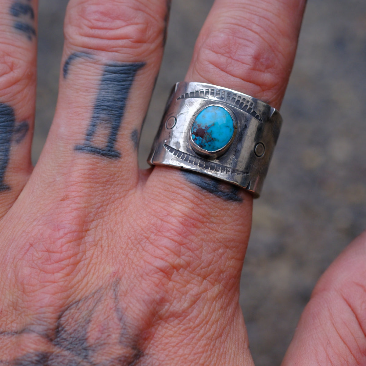 Sterling Silver Bisbee Turquoise Stamped Cigar Band Ring 11