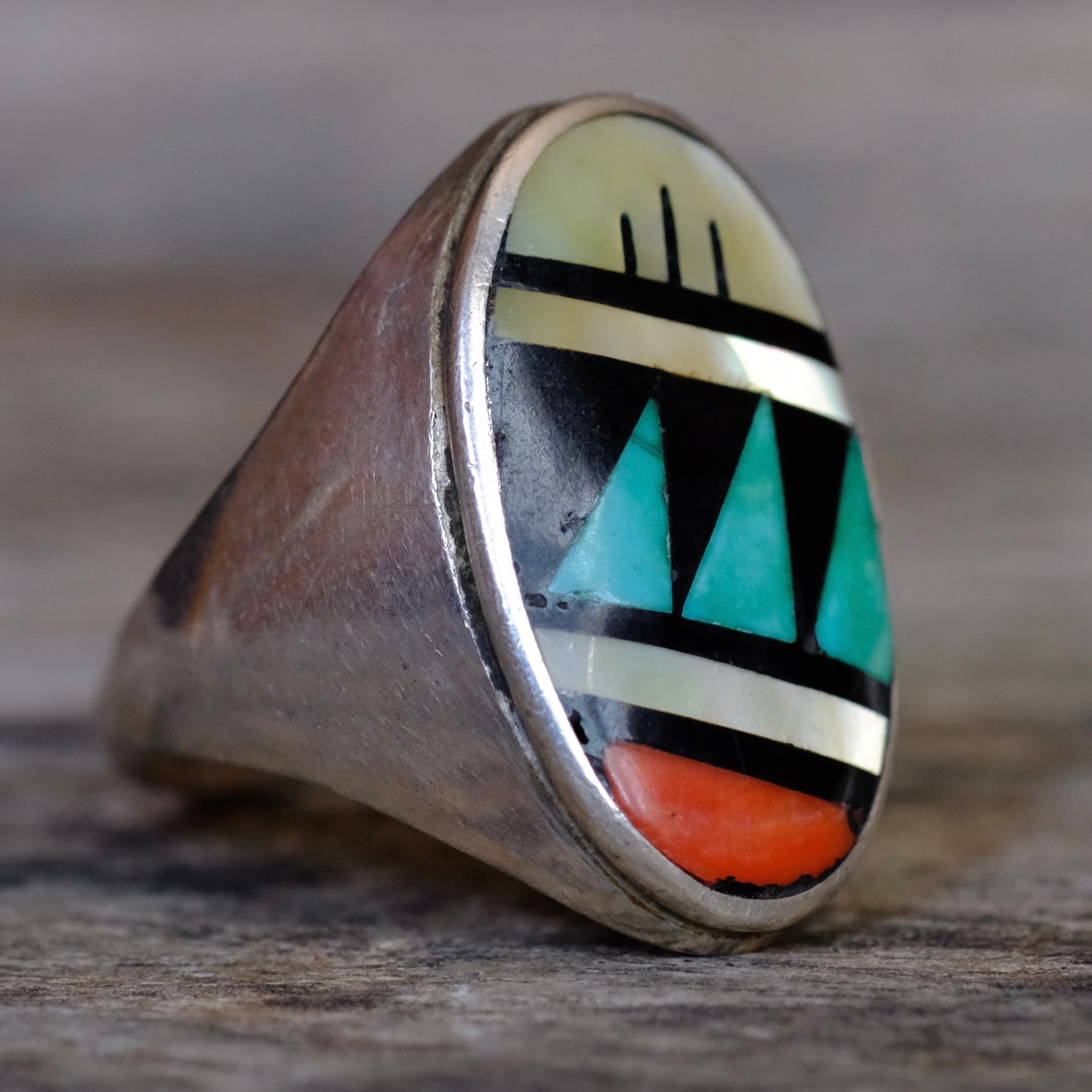 Vintage Sterling Zuni Inlay Ring 10.5