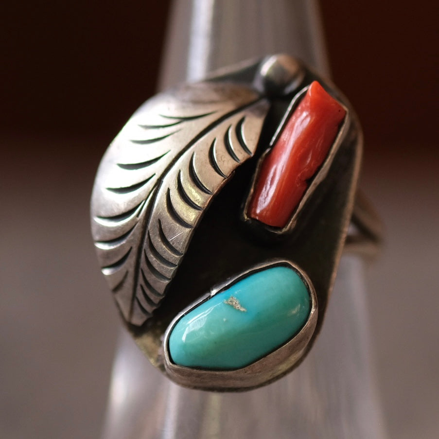 Vintage Sterling Turquoise and Coral Feather Ring 6.5