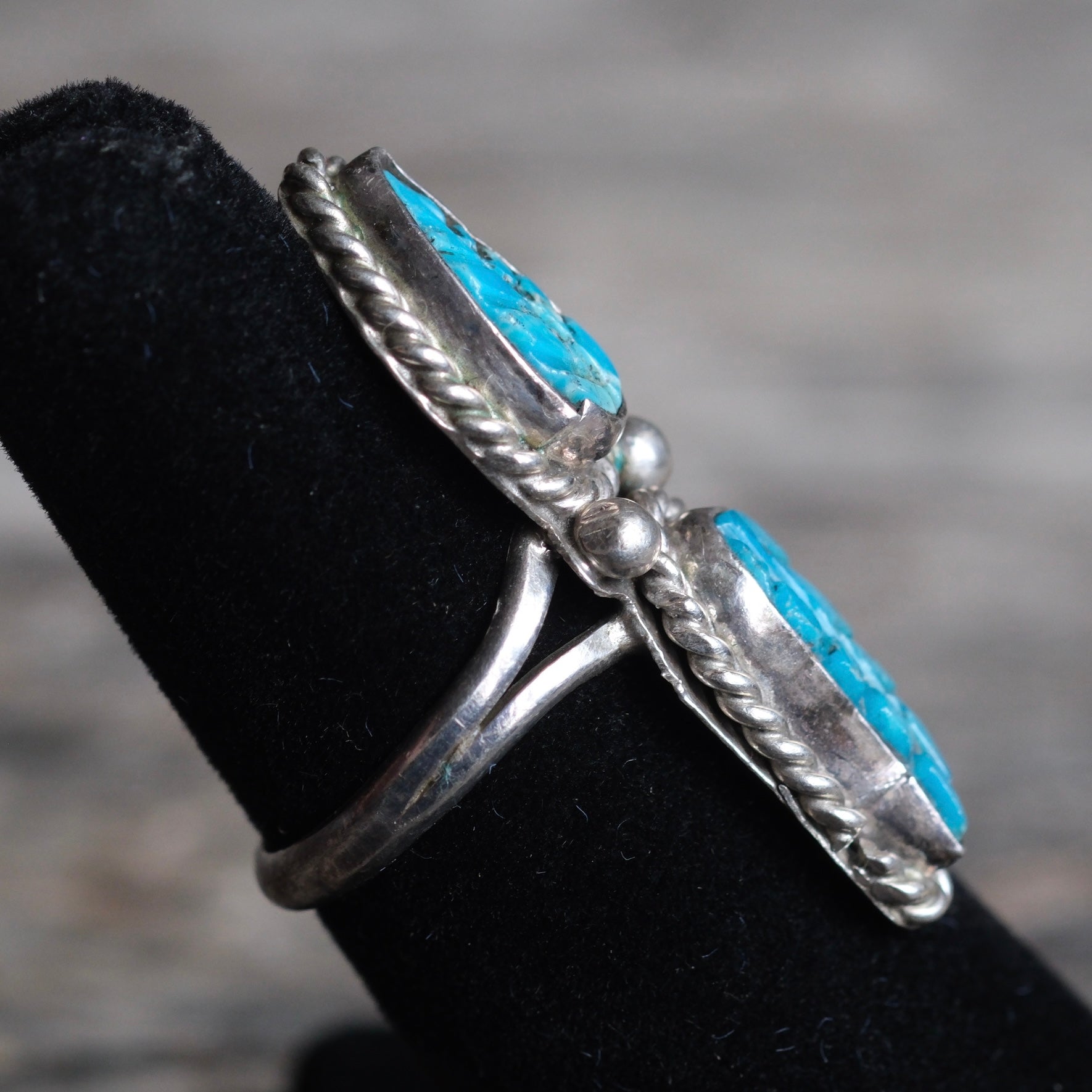 Vintage Sterling Carved 2-Stone Turquoise Ring 5.75