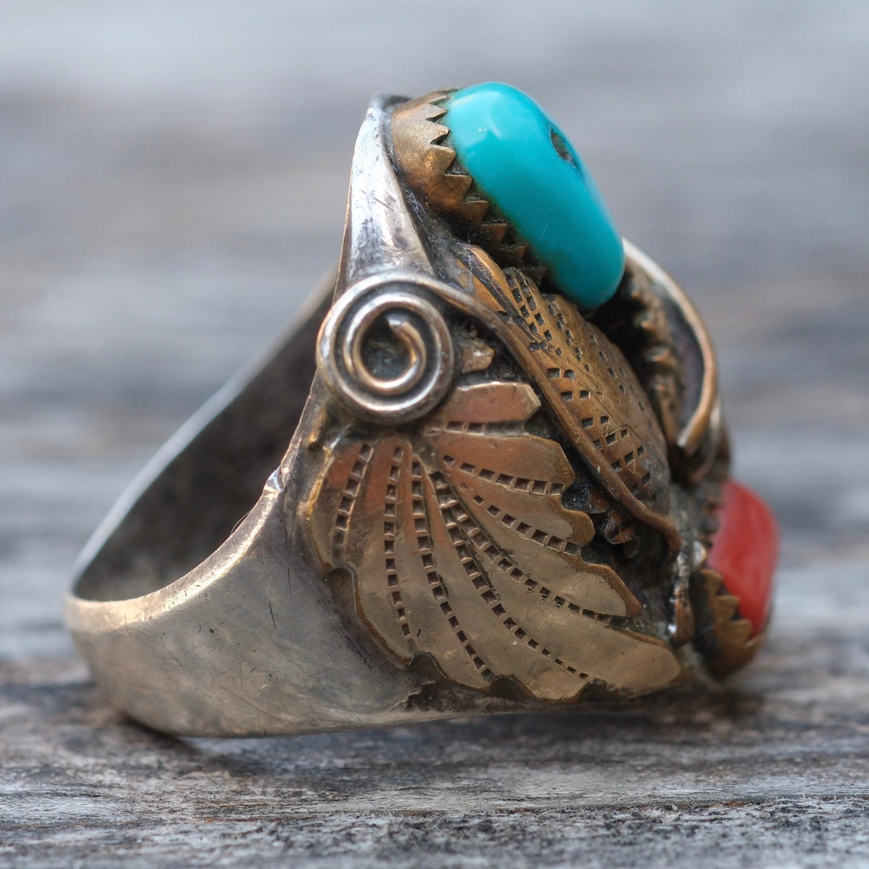 Vintage Sterling And Copper Turquoise Coral Feather Ring 10.5