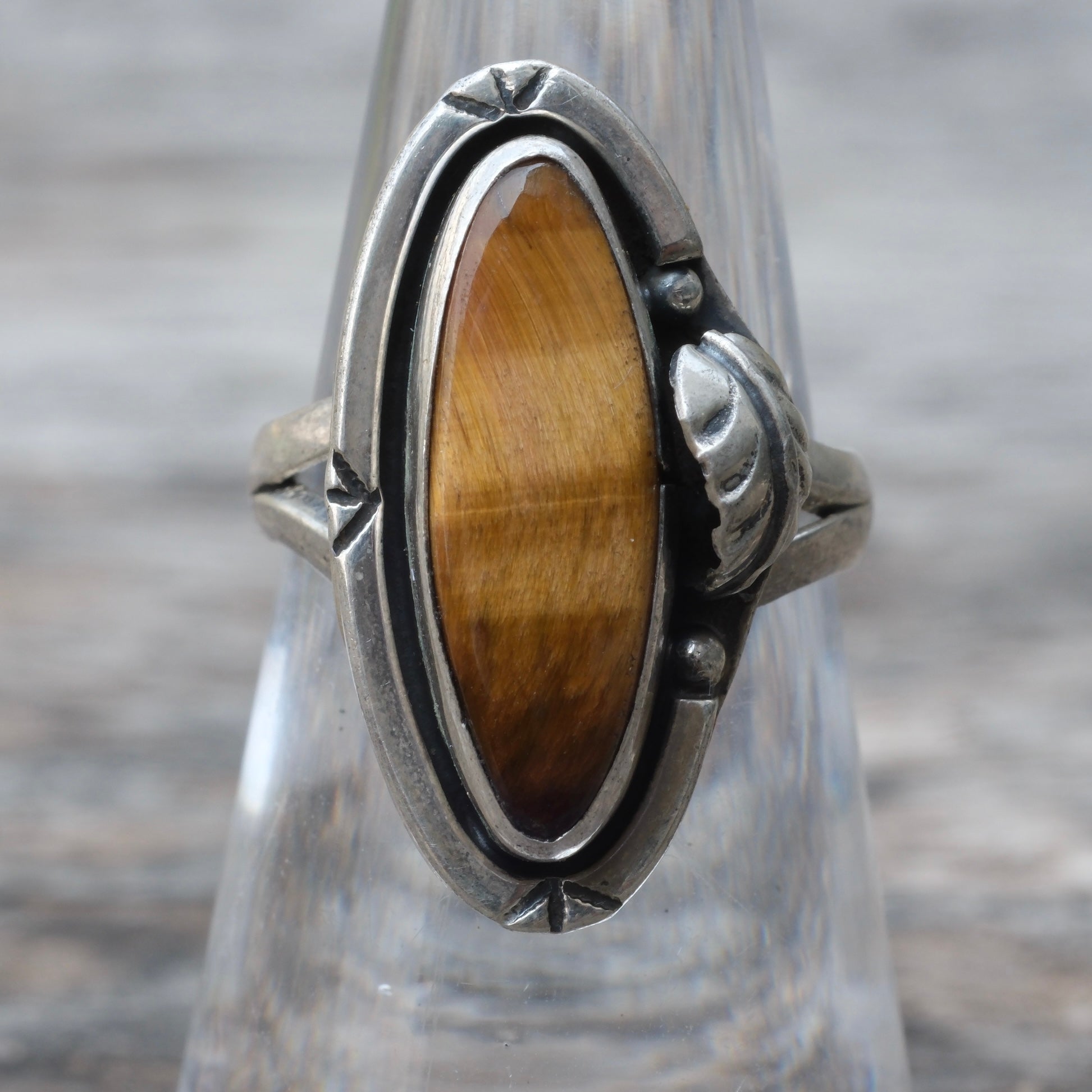 Vintage Sterling Tigers Eye Feather Ring 6