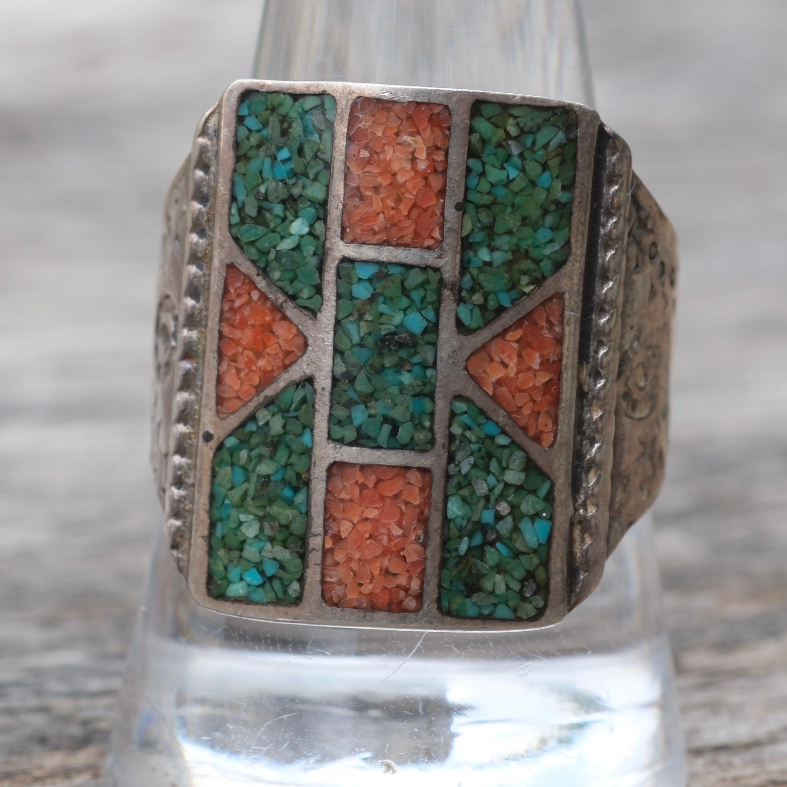 Vintage Sterling Turquoise and Coral Inlay Ring 10.75