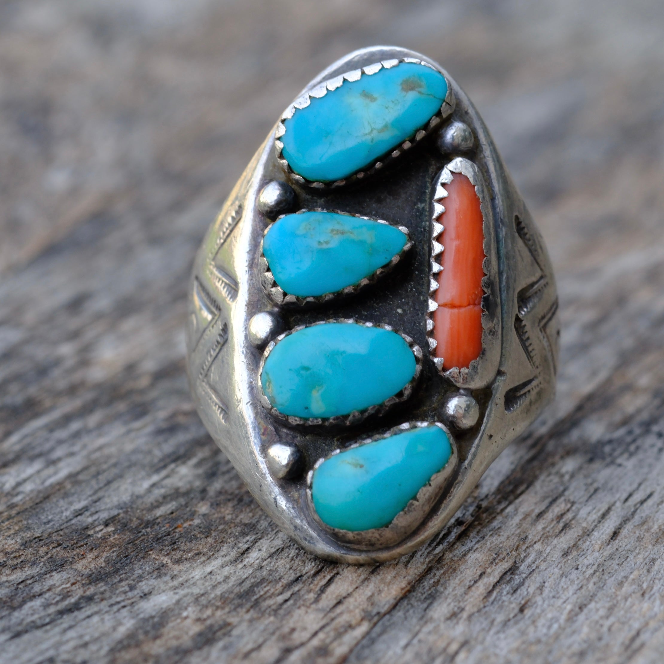 Vintage Sterling Turquoise and Coral Stamped Band Ring 11.75