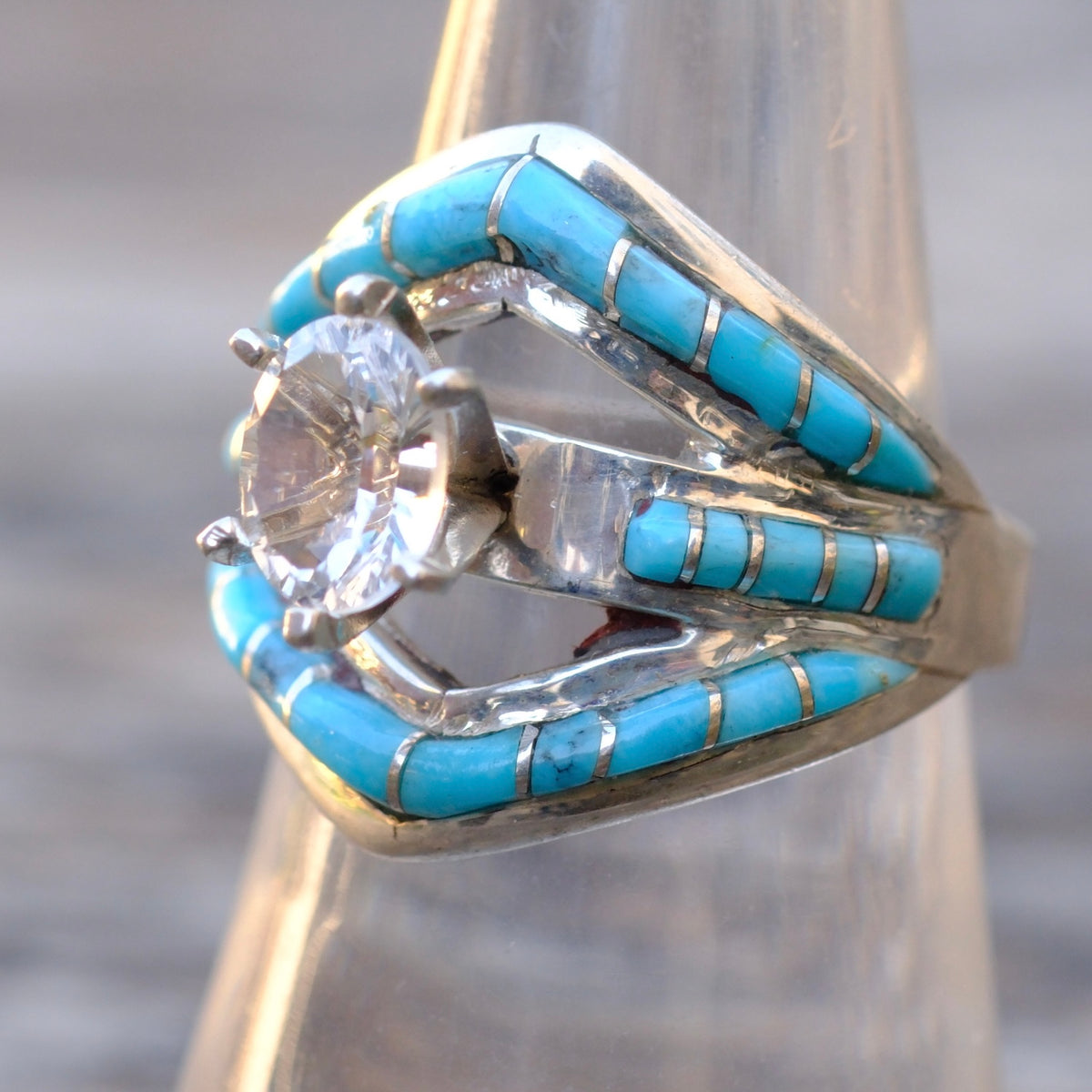 Vintage Sterling Turquoise Inlay CZ Ring 8