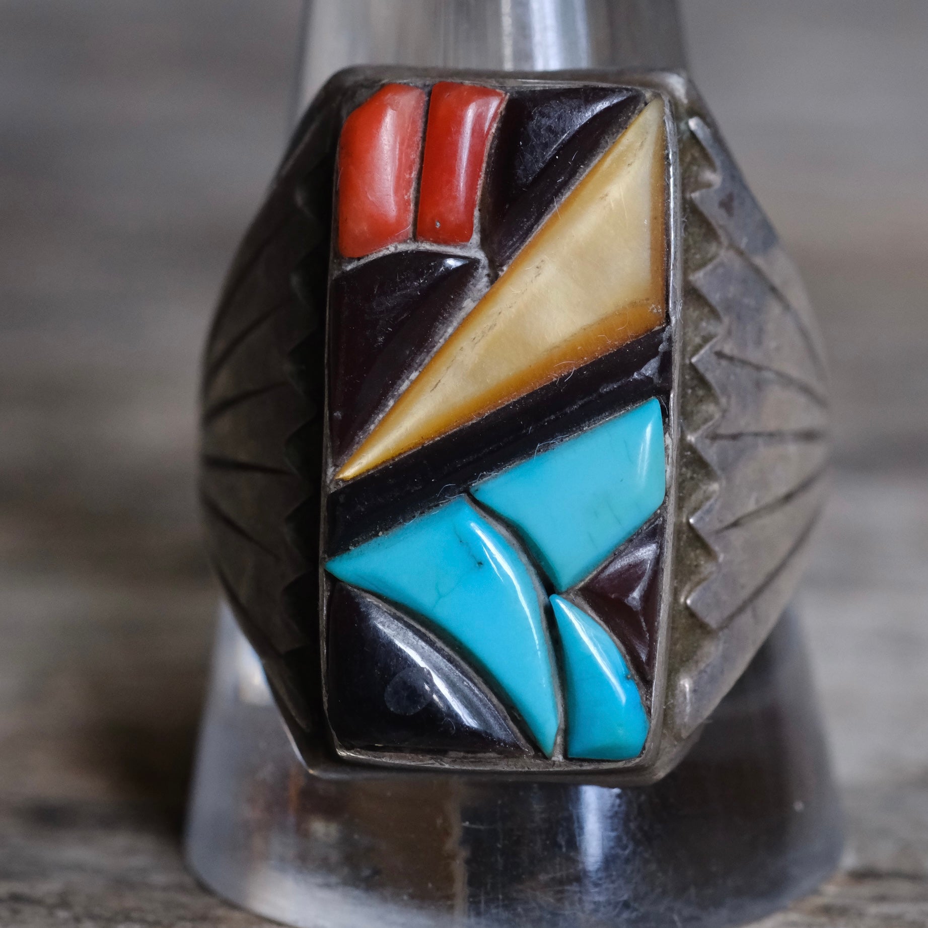 Vintage Sterling Multistone Inlay Winged Band Ring 11.5
