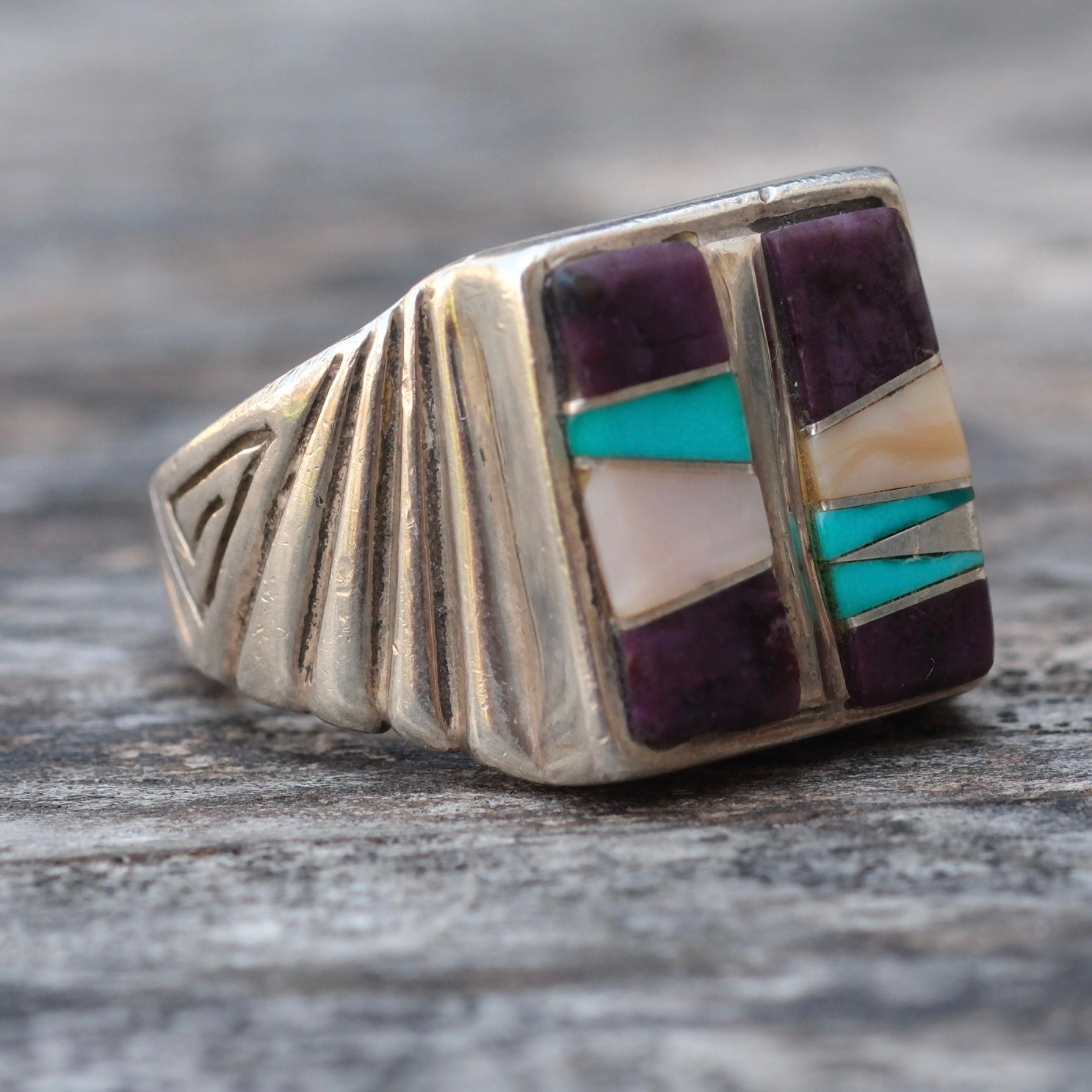 Vintage Sterling Multistone Inlay Ring 9
