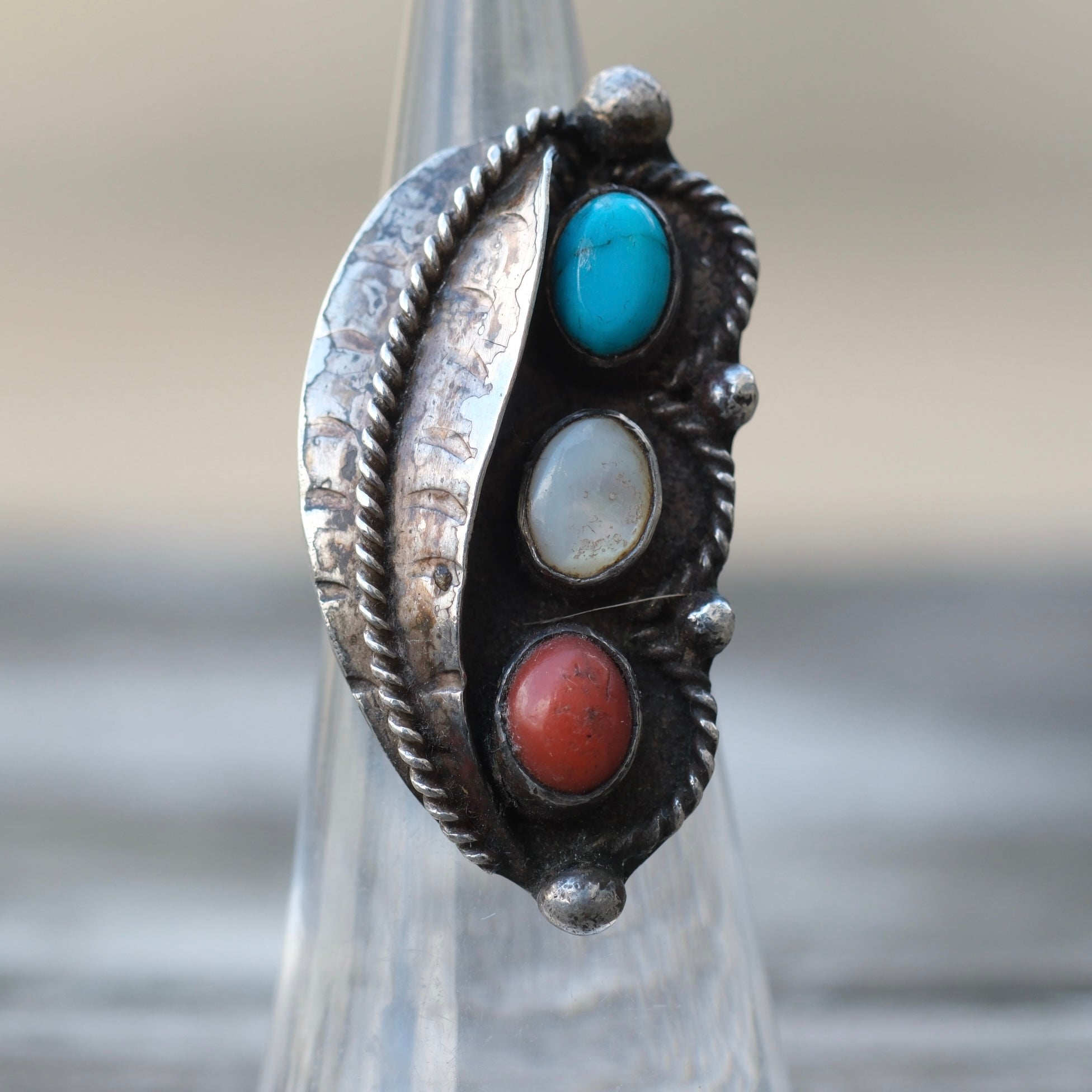 Vintage Sterling Multistone Feather Ring 4.25