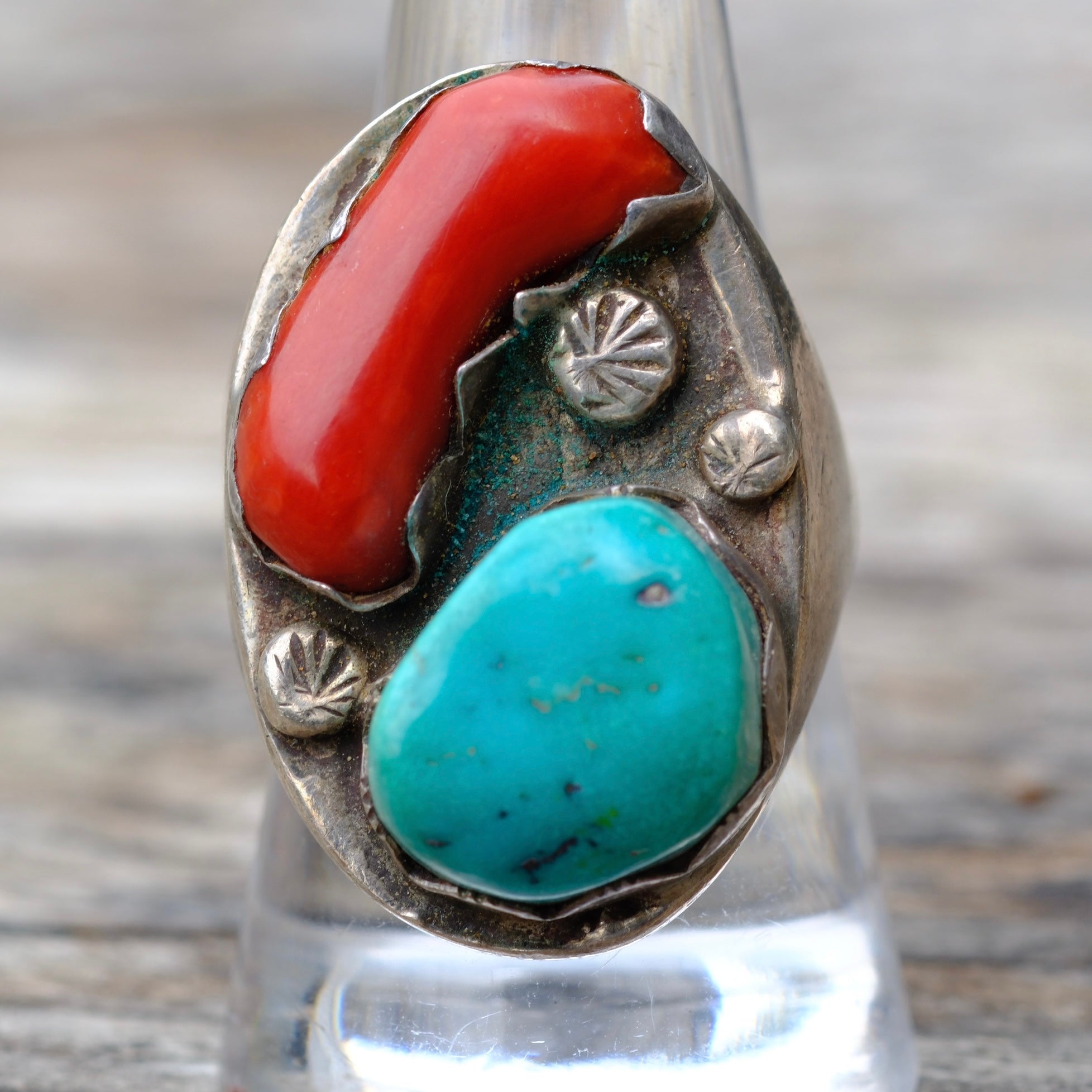 Vintage Sterling Turquoise and Coral Ring 9.5