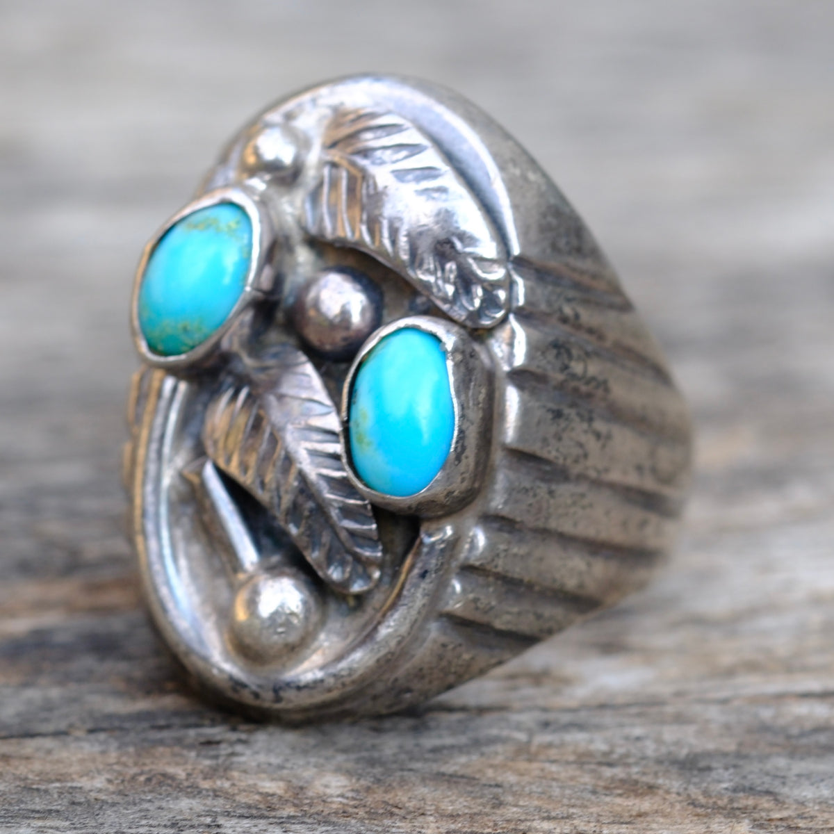 Vintage Sterling 2-Stone Turquoise Feather Ring 9.5