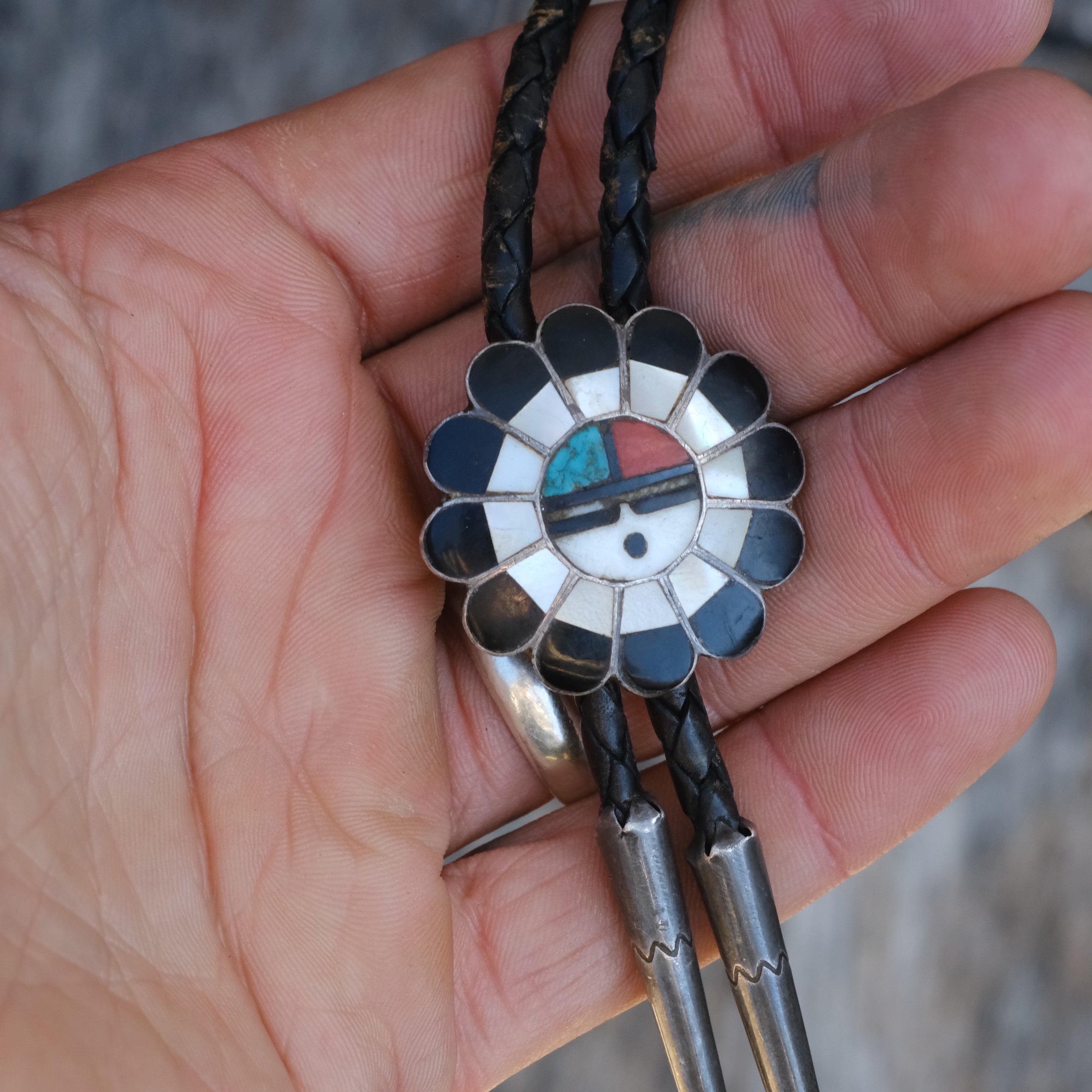 Vintage Sterling Zuni Inlay Sunface Bolo Tie