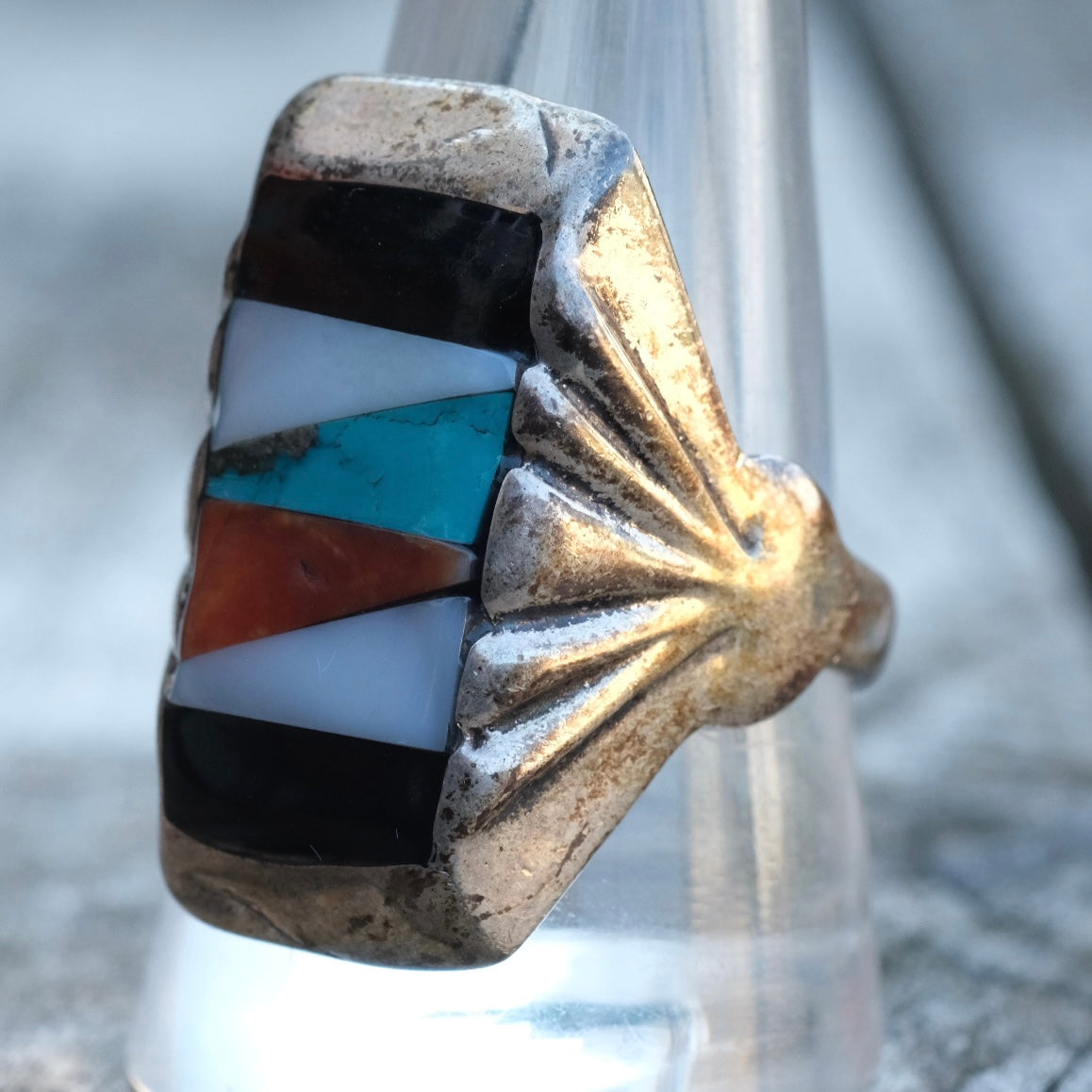 Vintage Sterling Zuni Inlay Ring 10.5