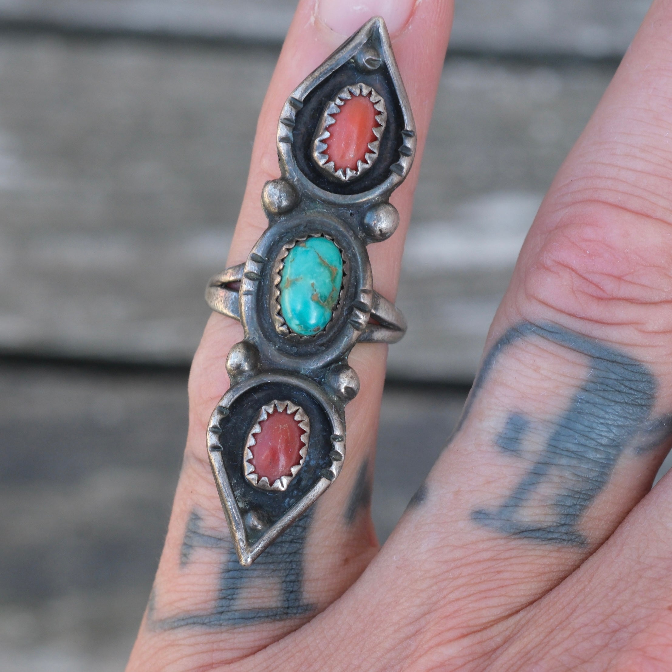 Vintage Sterling Turquoise and Coral Ring 3.25