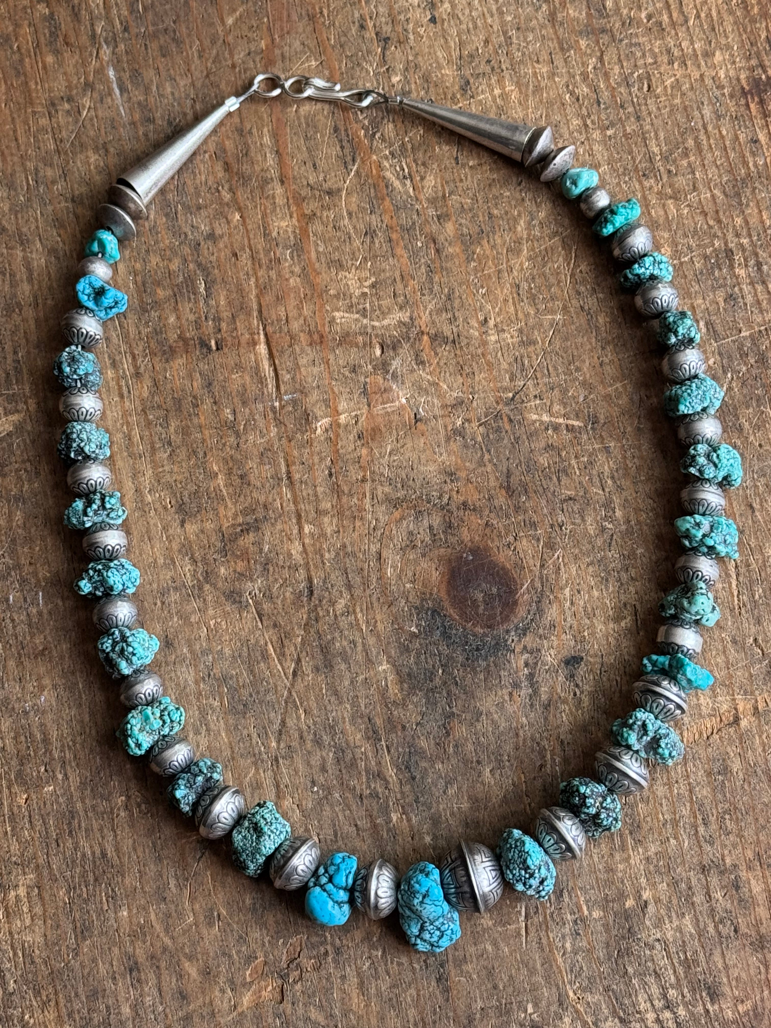 Vintage Sterling Silver Stamped Navajo Pearl & Raw Turquoise Necklace