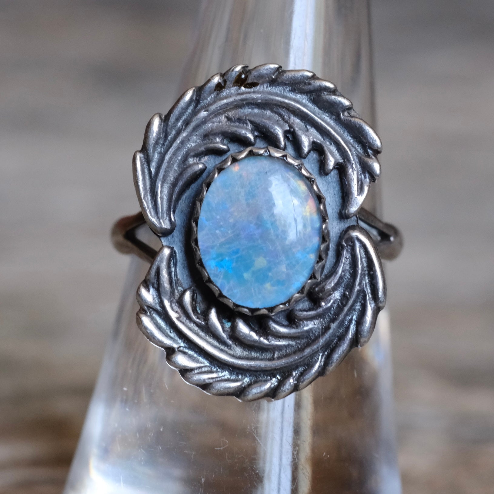 Vintage Sterling Opalite Feather Ring 7
