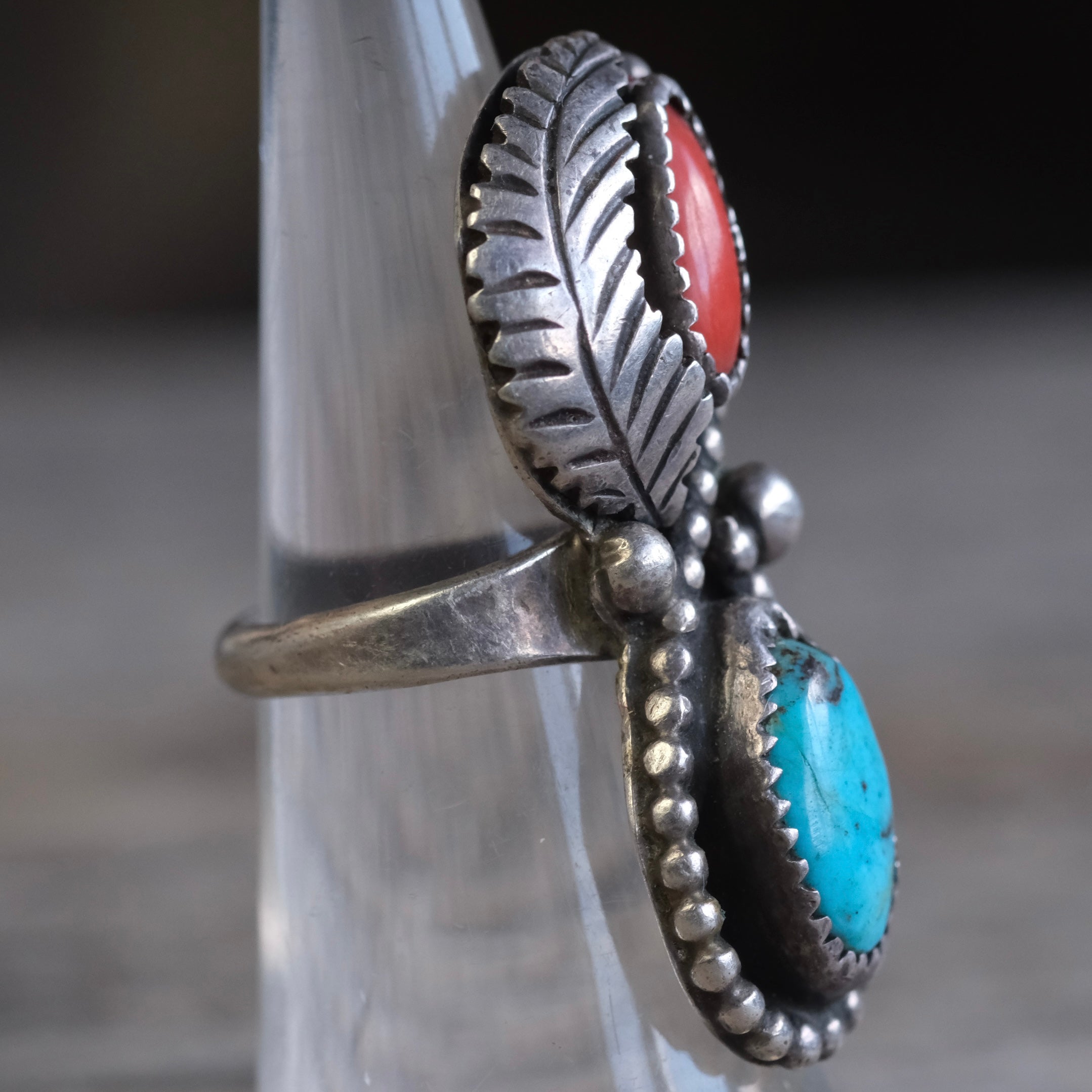Vintage Sterling Turquoise and Coral Feather Ring 5.5