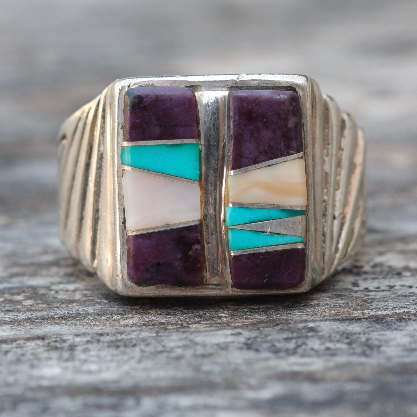 Vintage Sterling Multistone Inlay Ring 9