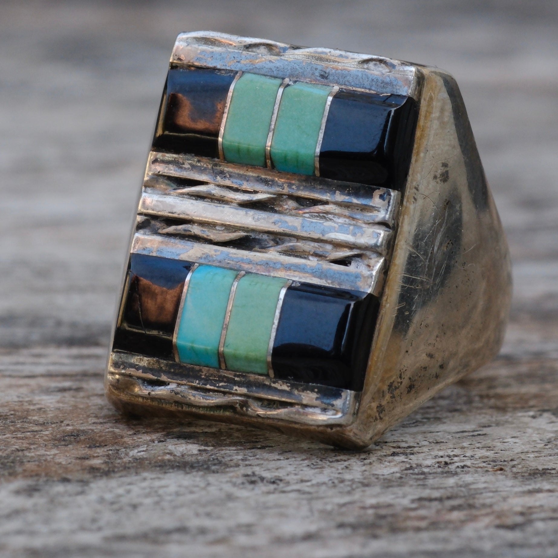 Vintage Sterling turquoise and Onyx Inlay Ring 11