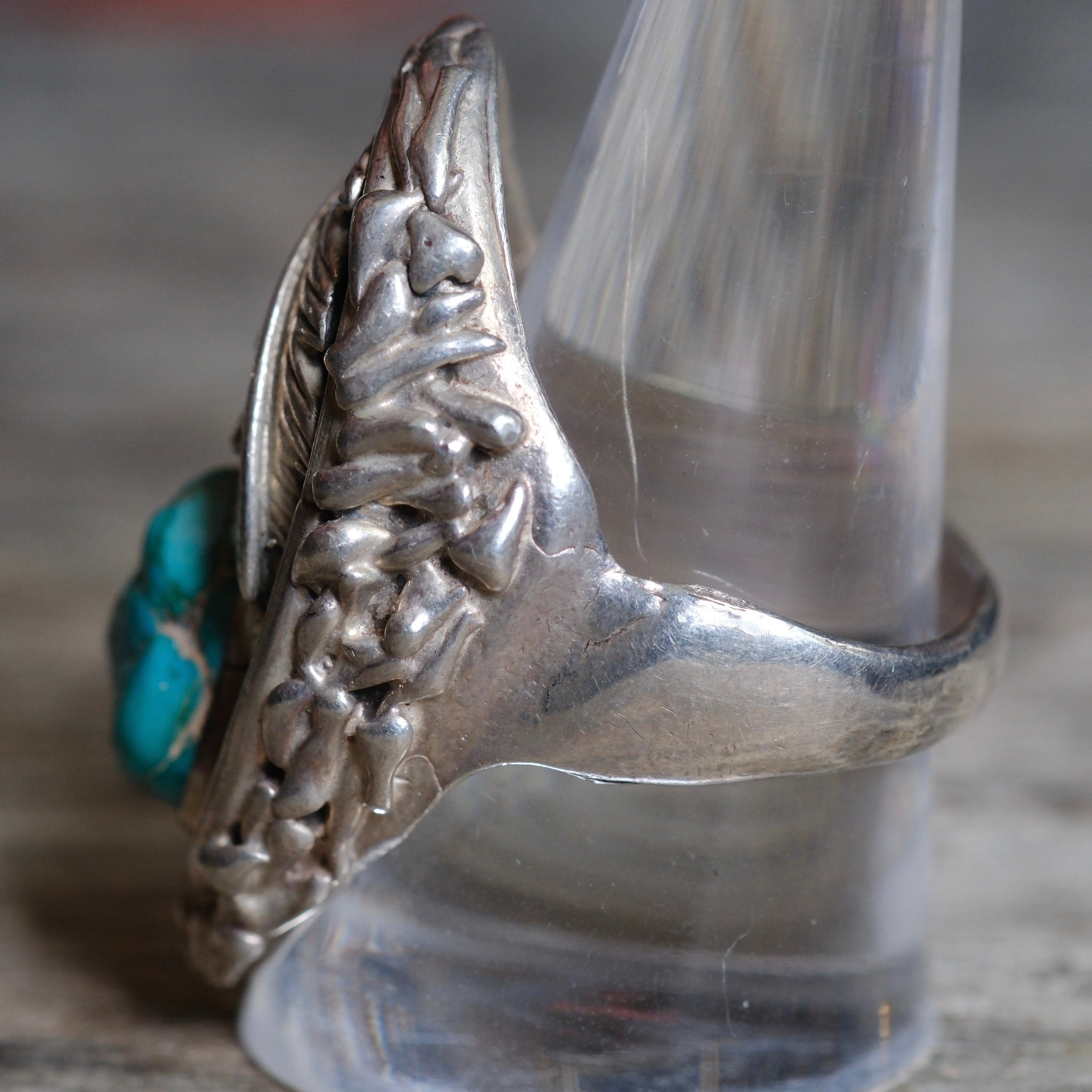 Vintage Sterling Turquoise Feather Ring 10.25