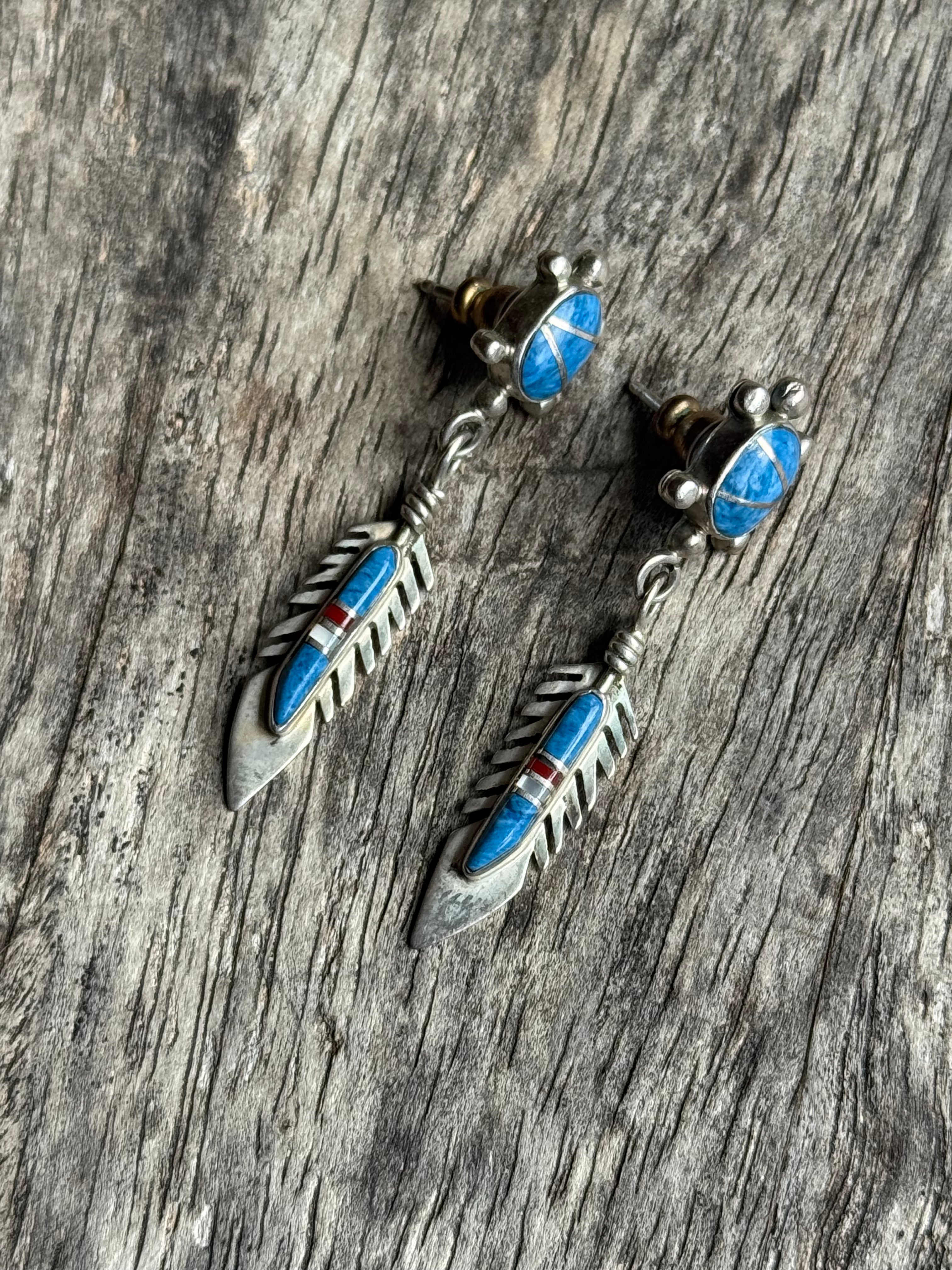 Vintage Sterling Silver Sodalite Inlay Turtle Feather Earrings