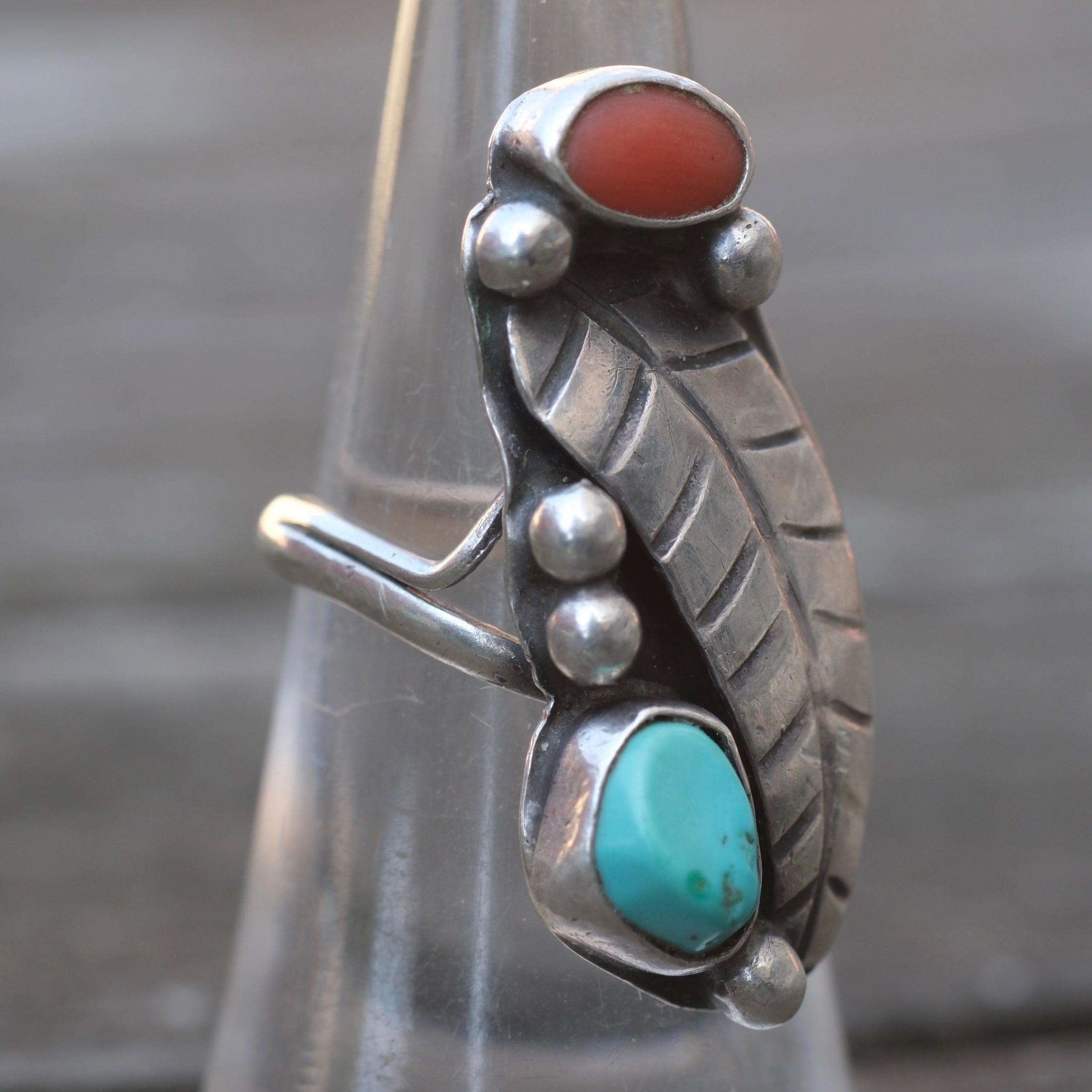 Vintage Sterling Turquoise and Coral Feather Ring 5.75