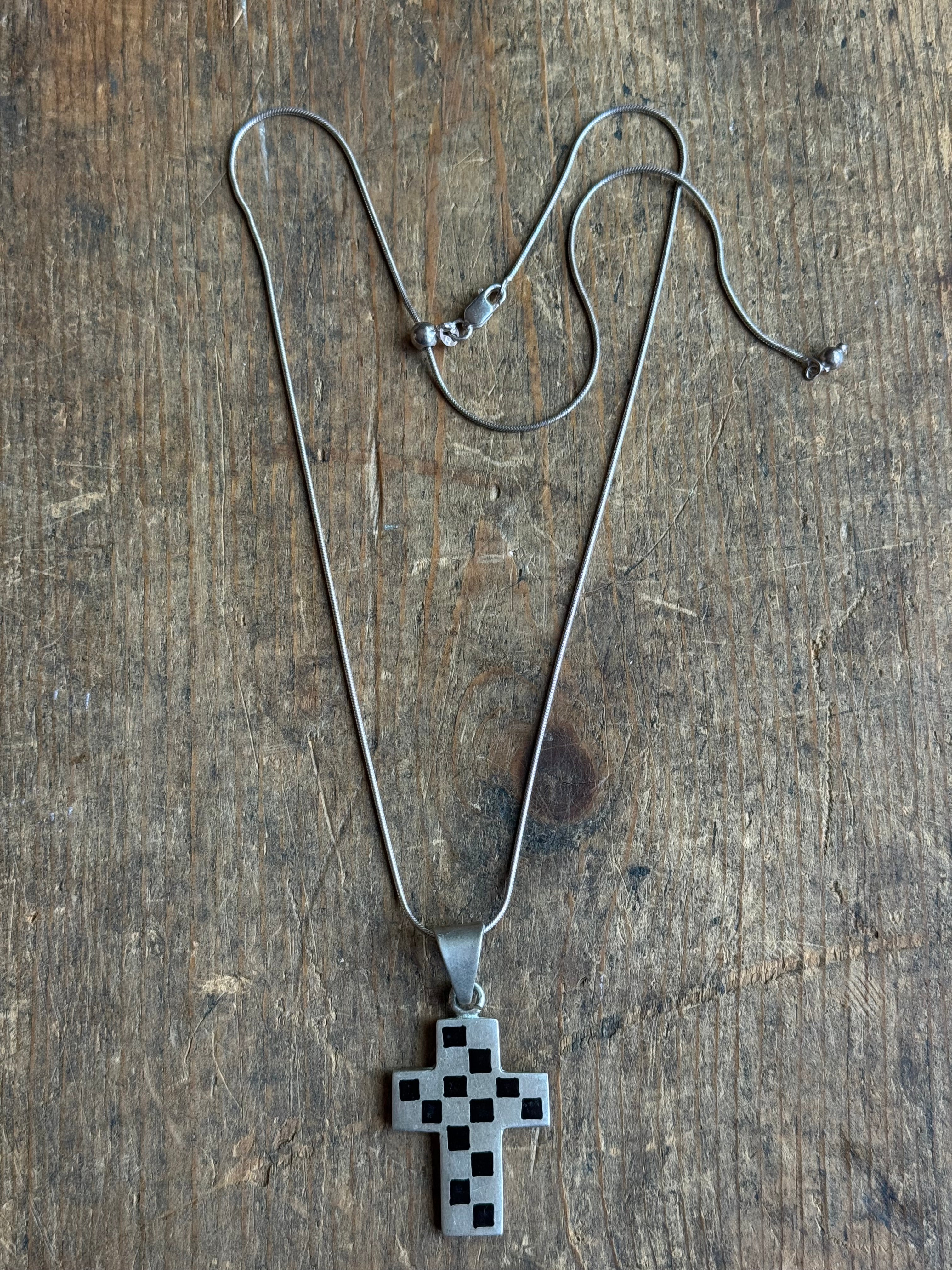 Vintage Sterling Silver Black Enamel Checkerboard Cross Necklace