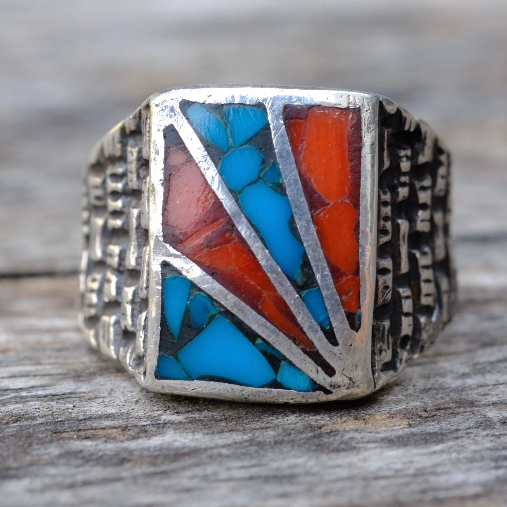 Vintage Sterling Turquoise and Coral Inlay Sunrise Ring 10