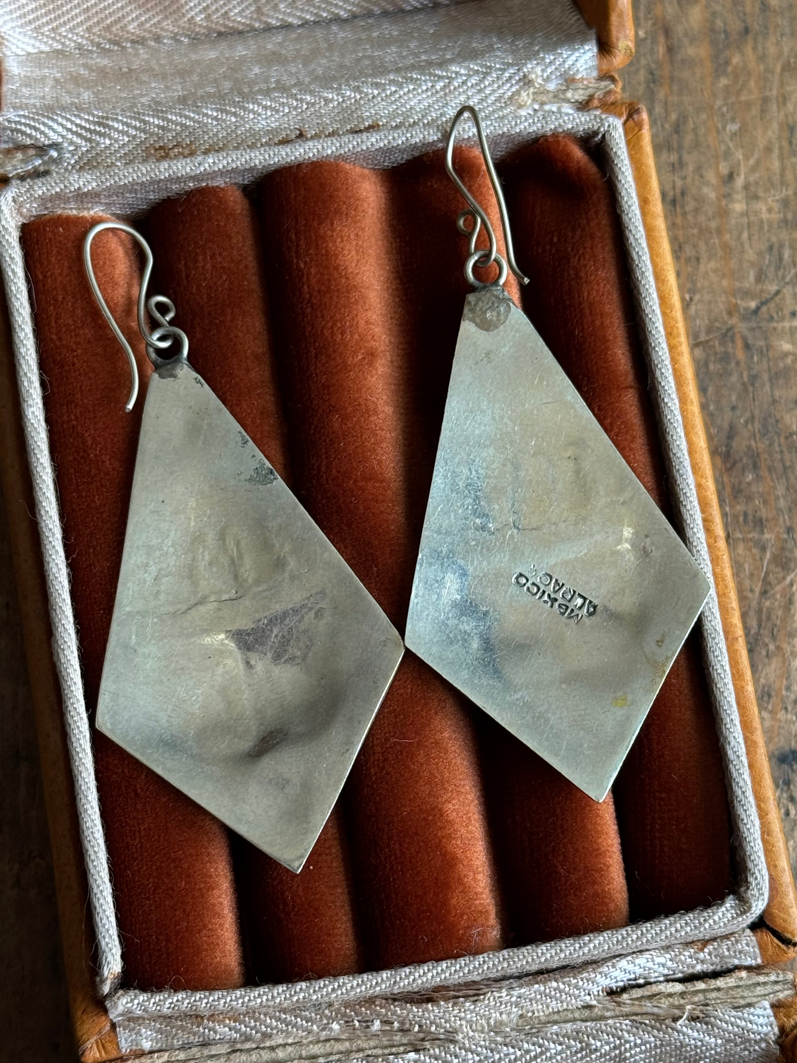 Vintage Alpaca Silver Turquoise Inlay Fan Earrings.