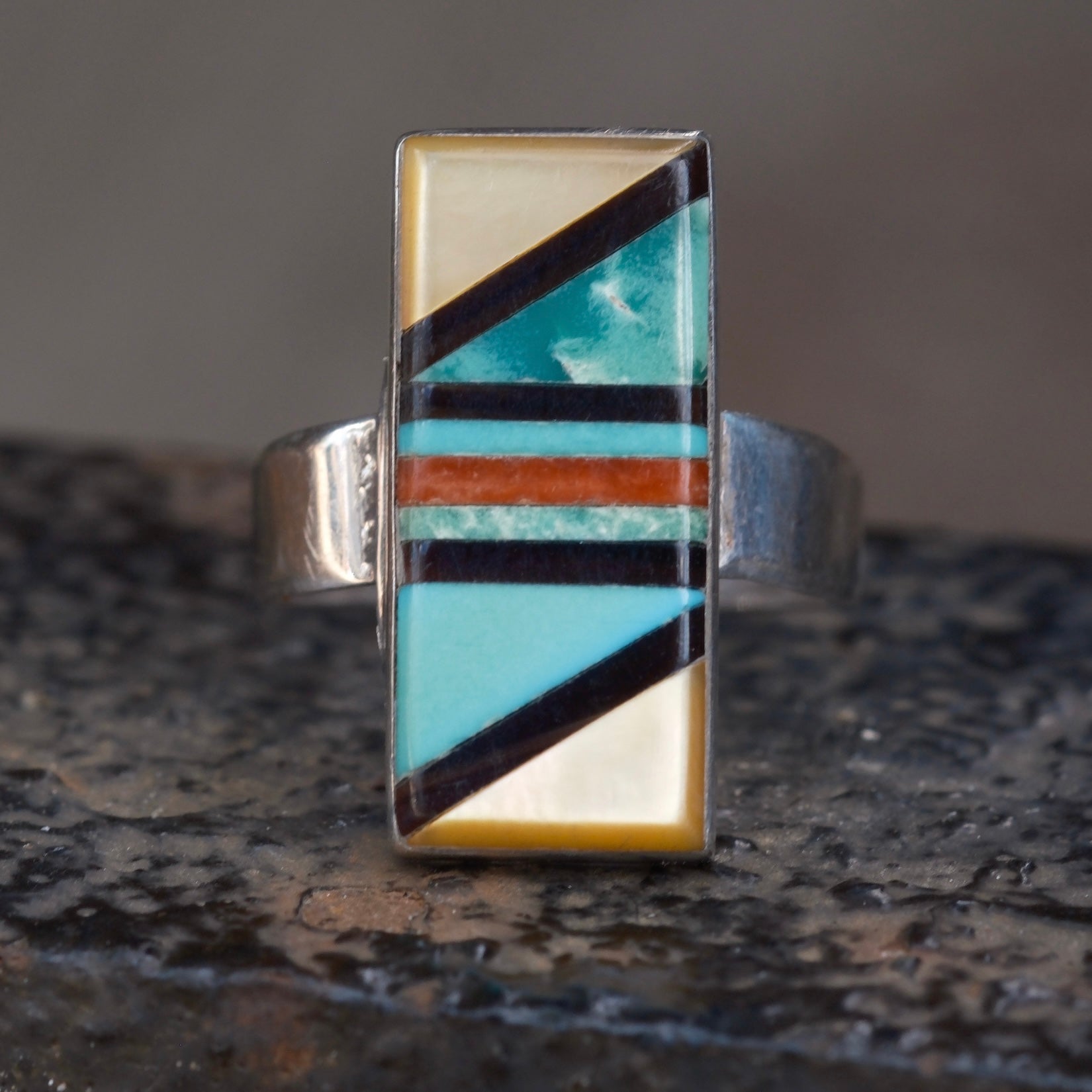 Vintage Sterling Multistone Inlay Ring 5.25