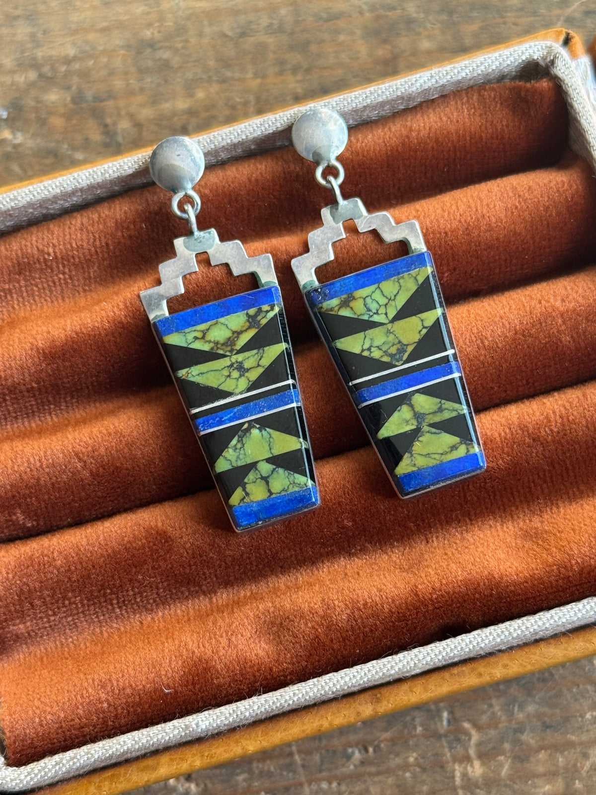 Vintage Sterling Silver Multistone Inlay Shield Earrings