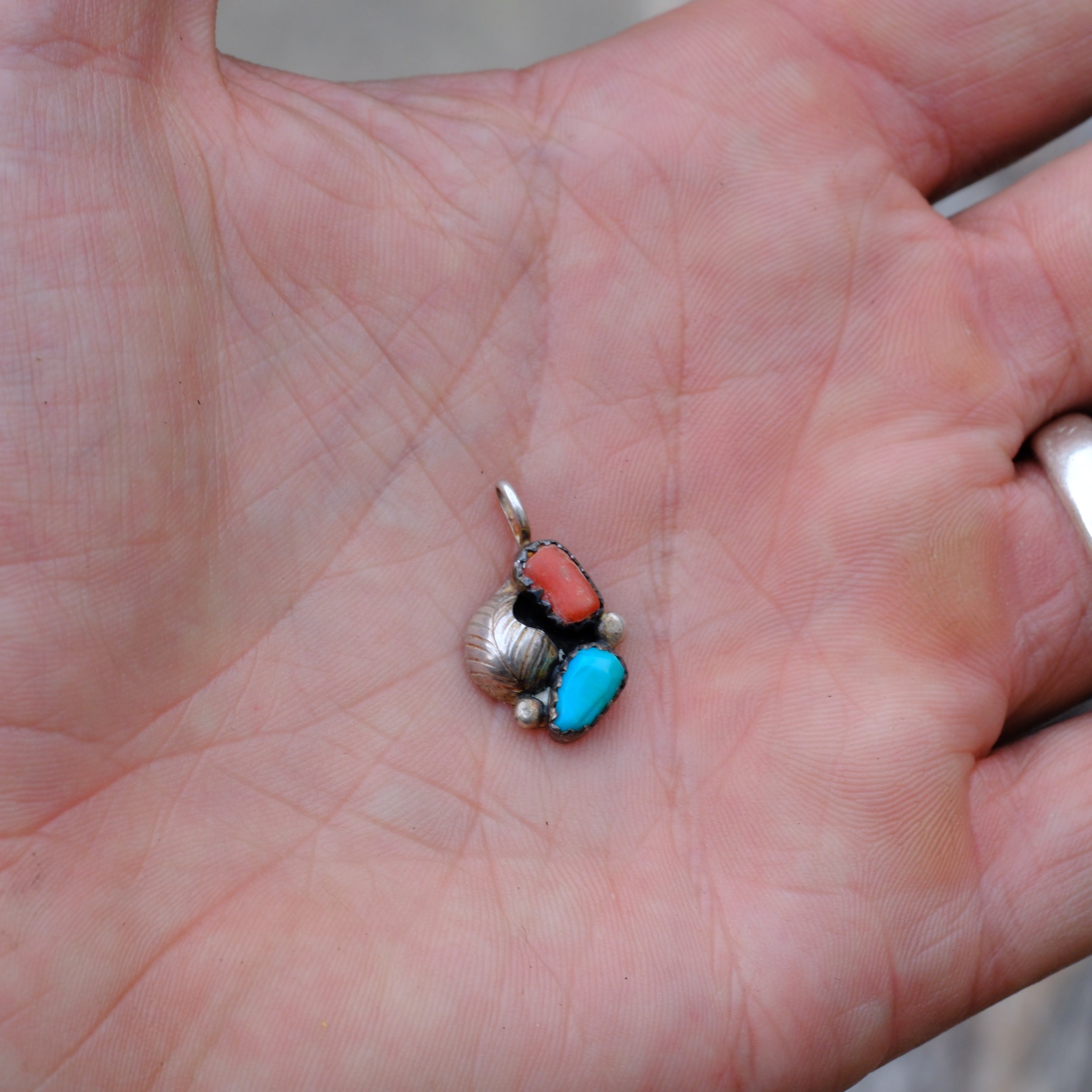 Vintage Sterling Turquoise and Coral Feather Pendant