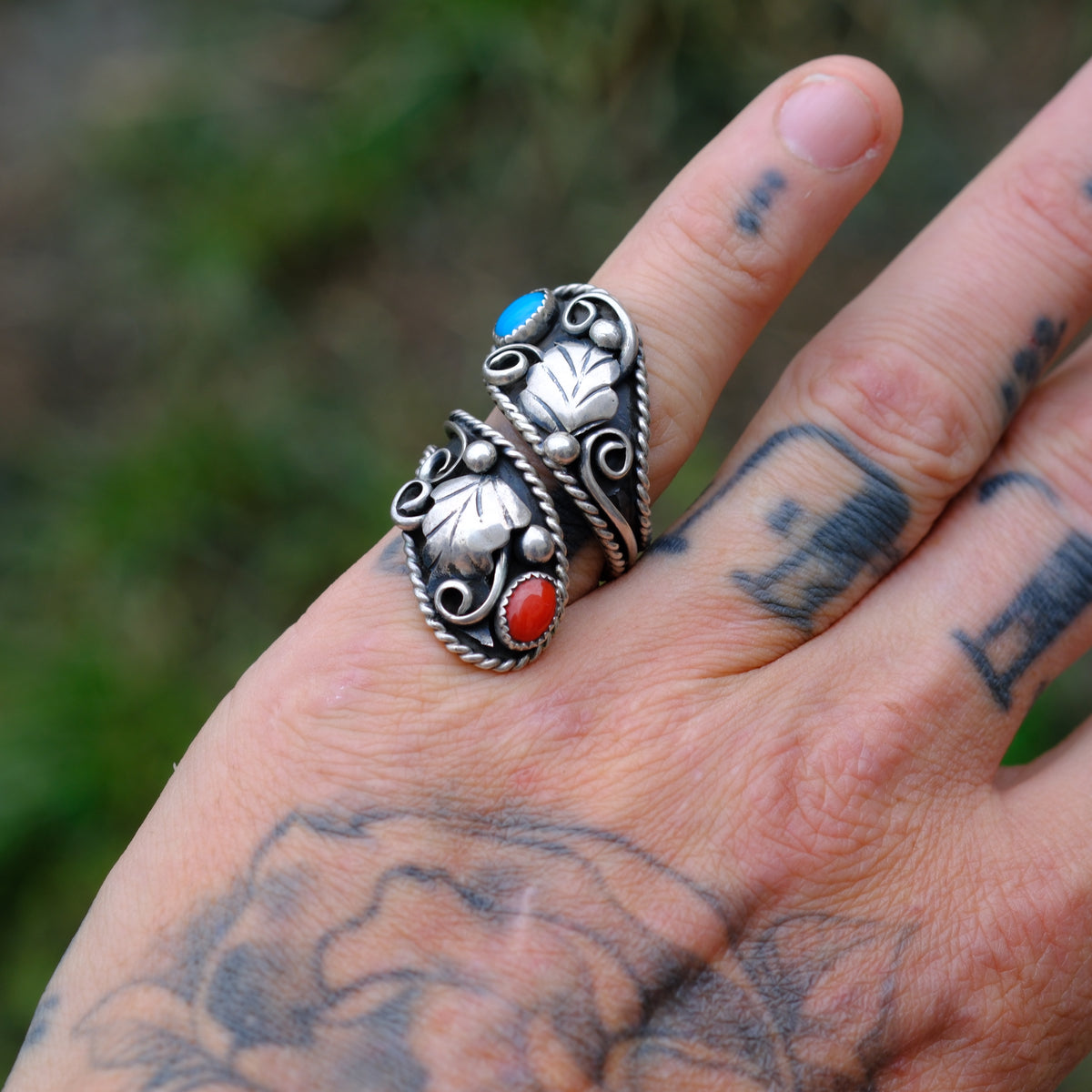 Vintage Sterling Turquoise and Coral Overpass Ring 6.5