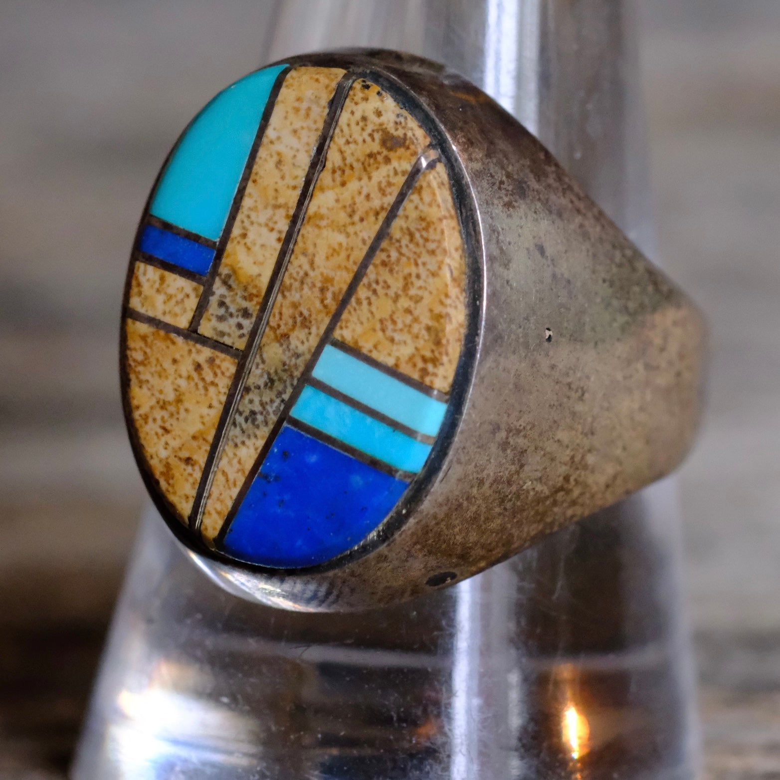 Vintage Sterling Multistone Inlay Ring 10.75
