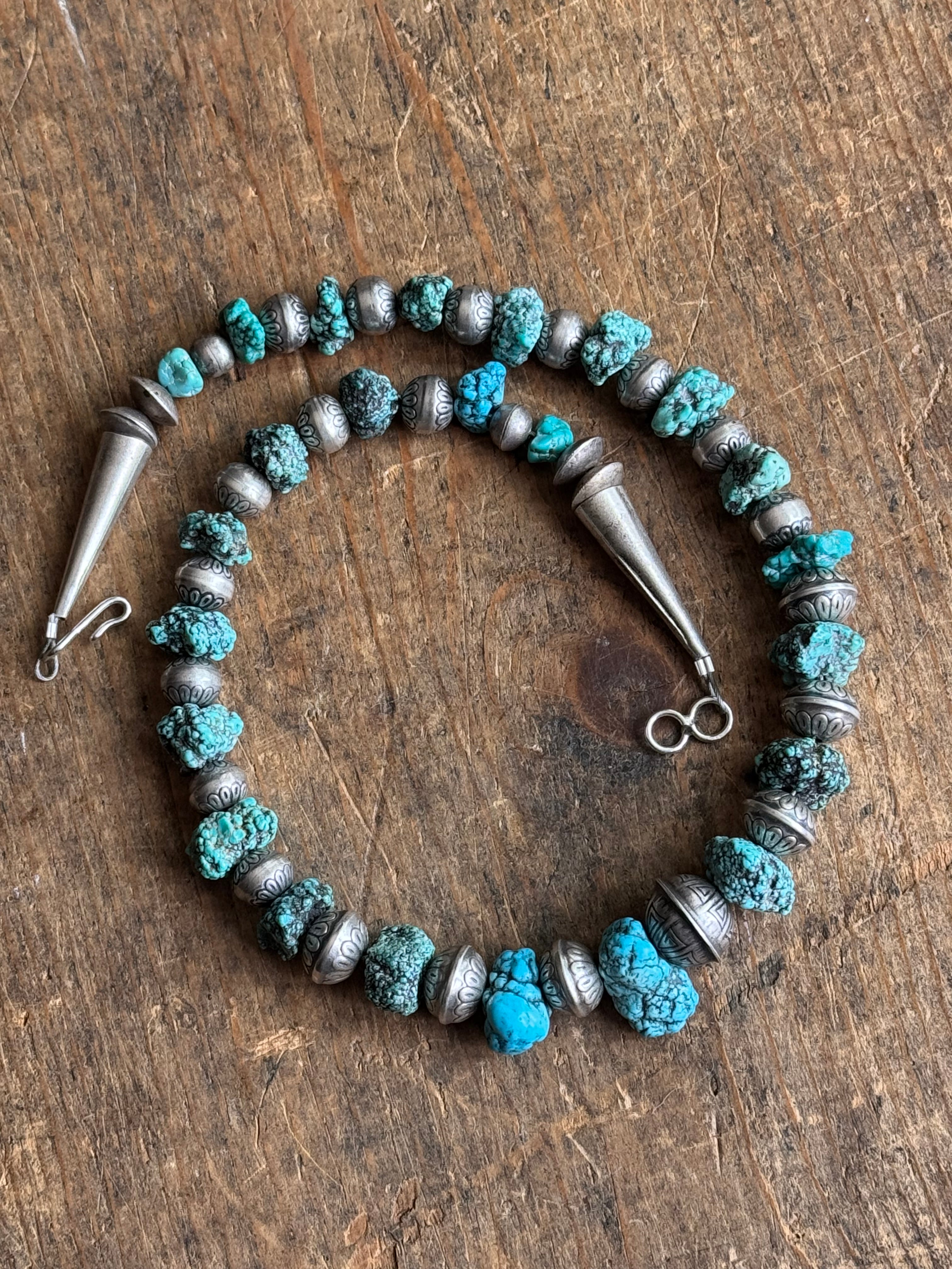 Vintage Sterling Silver Stamped Navajo Pearl & Raw Turquoise Necklace