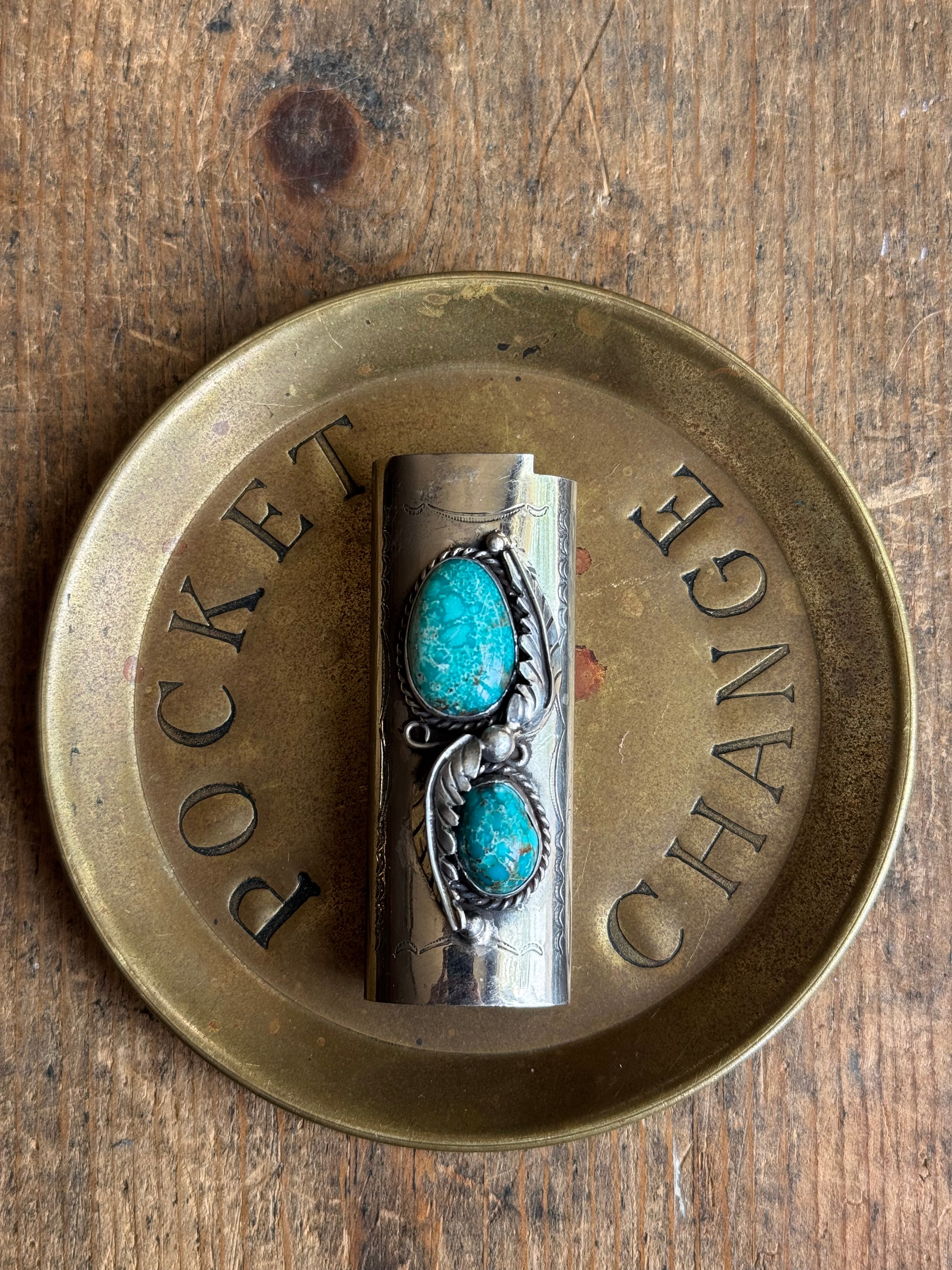 Vintage Stamped Nickel & Sterling Silver Turquoise Lighter Case
