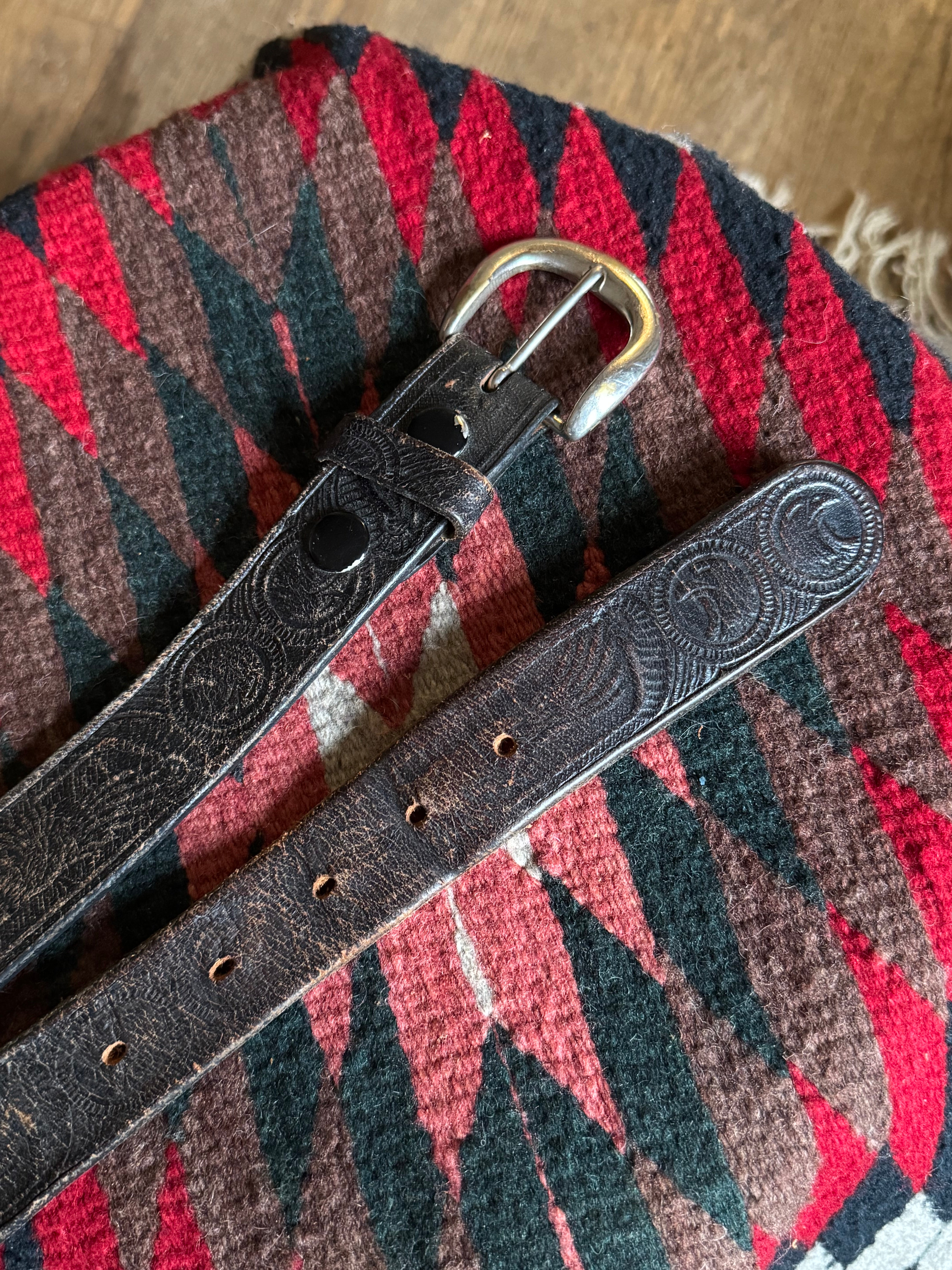 Vintage Hand Tooled Black Leather Eagle Belt